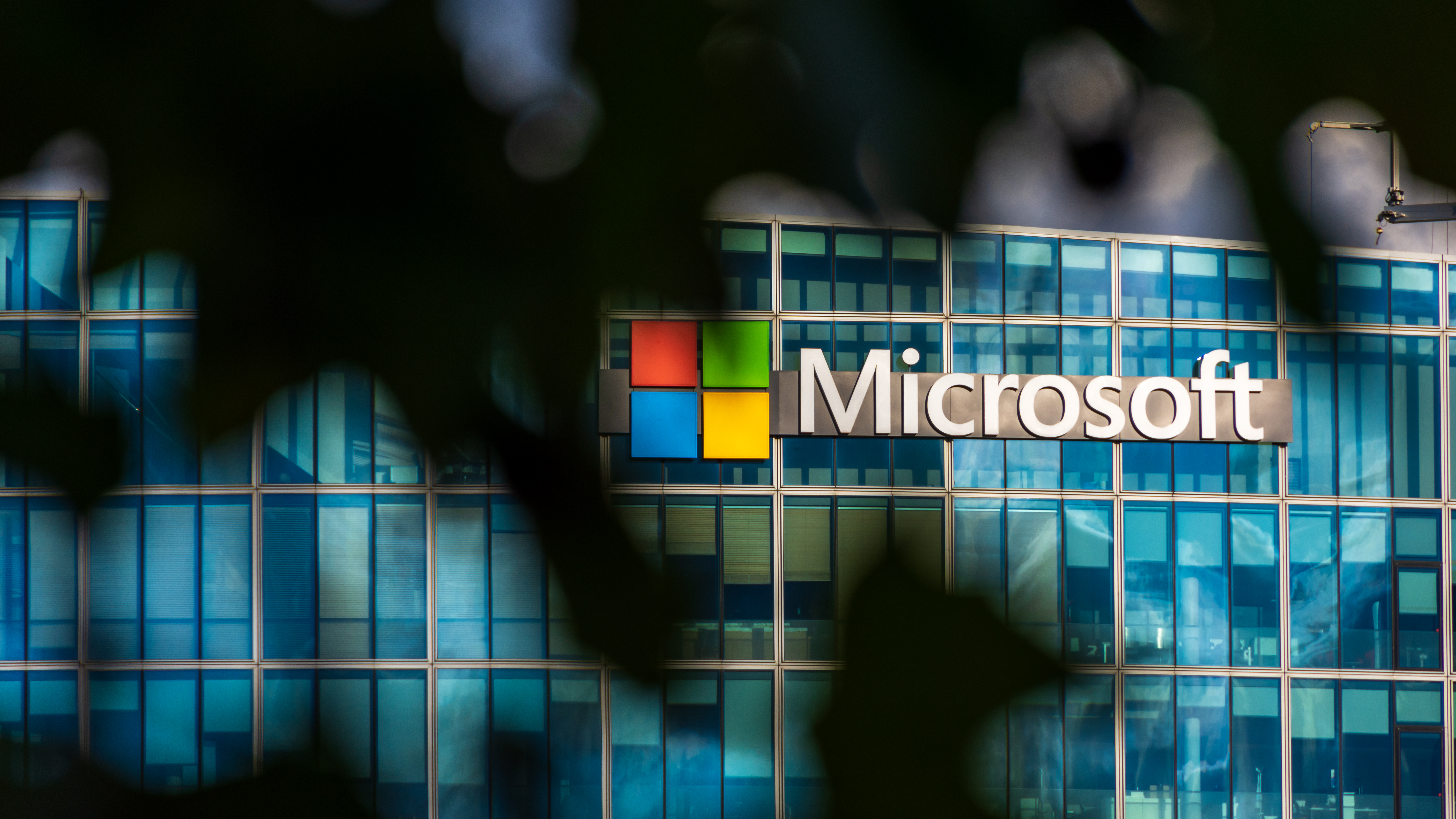Microsoft logo on a building, obscured by trees