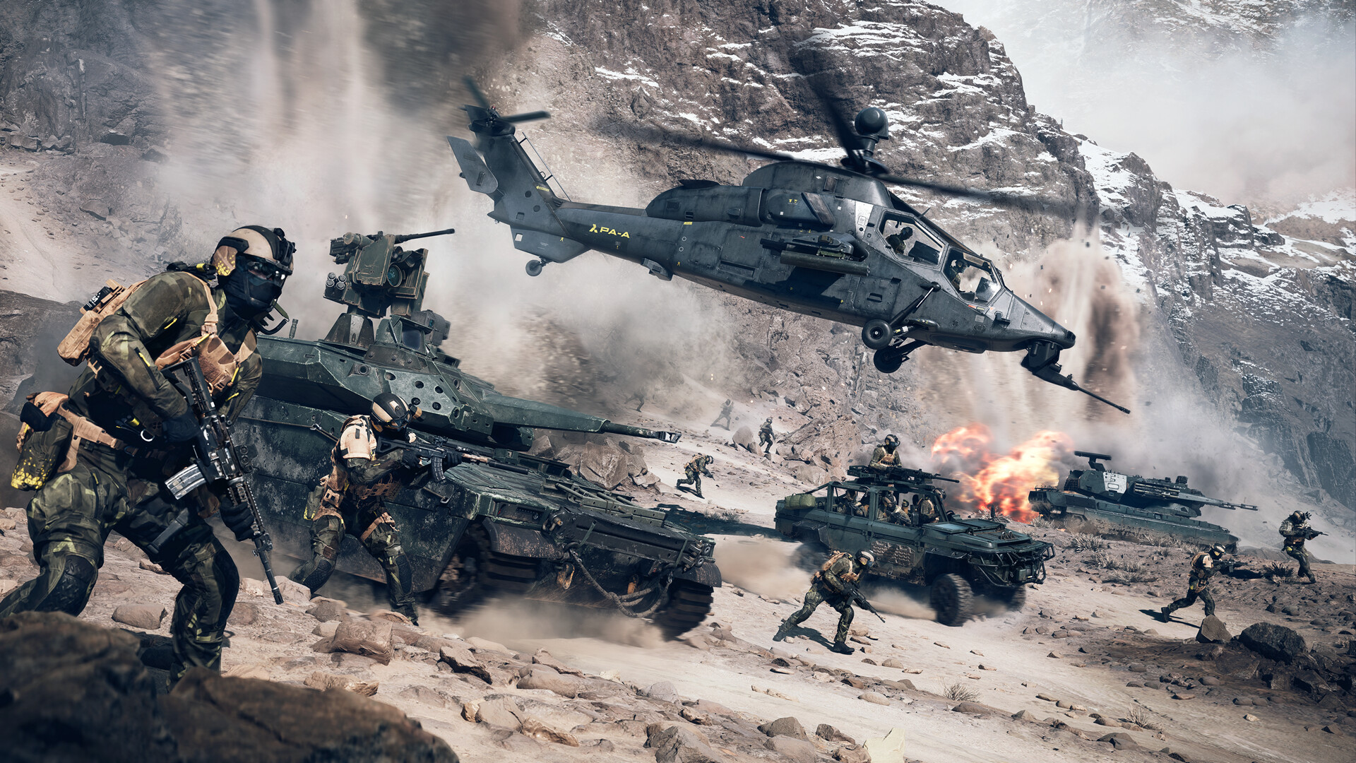 Скриншот игрового процесса Battlefield 6, на котором изображены пехота и техника, в том числе танк и вертолет.