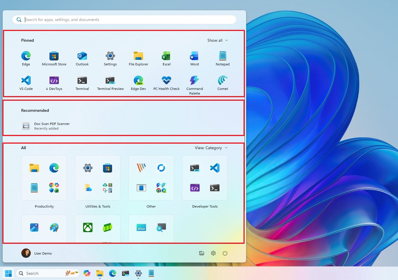 Start menu new layout