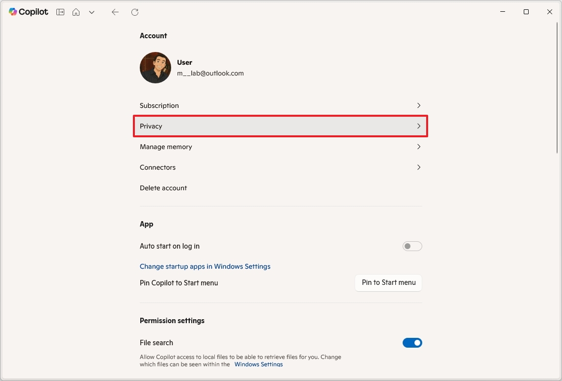 Copilot open Privacy settings