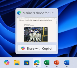 Возможность поделиться экраном с Copilot при наведении на Microsoft Edge на панели задач
