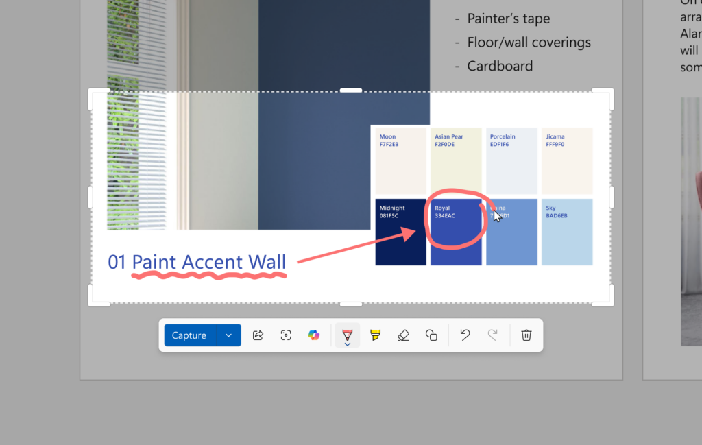 Snipping Tool Quick markup toolbar with a screenshot of color swatches. A single color is circled with the pen tool using Quick markup to bring attention to it.
