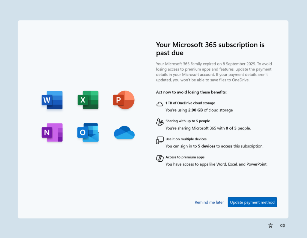 Экран SCOOBE, уведомляющий о просроченной подписке Microsoft 365 с кнопкой действия