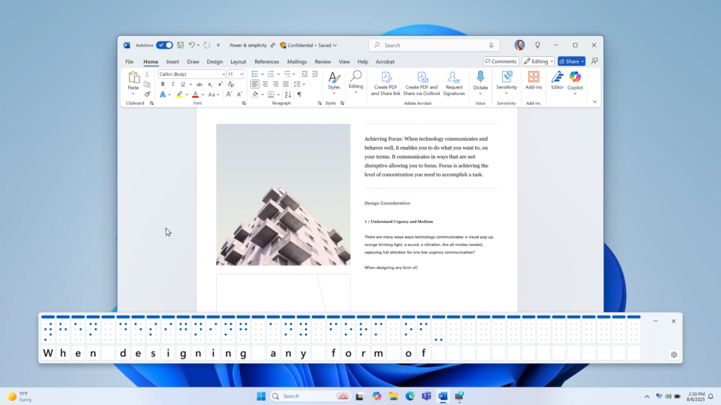 Текстовое представление на шрифте Брайля на экране поверх документа Word.