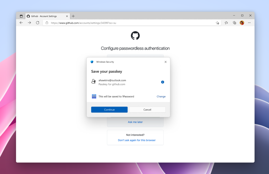 Saving a passkey to 1Password