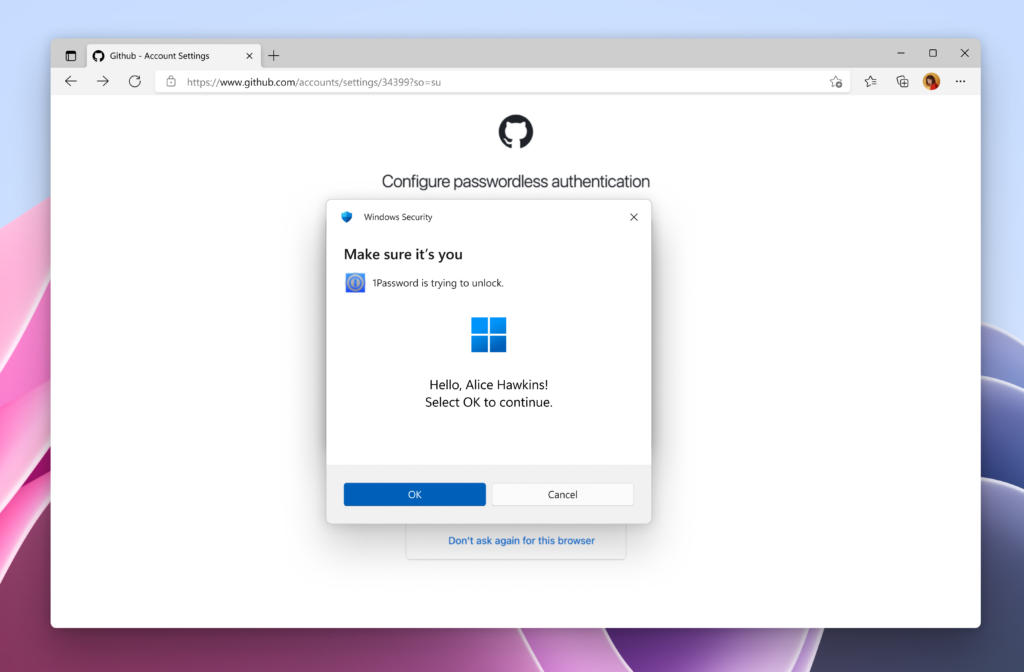 Windows Hello user verification for saving passkey