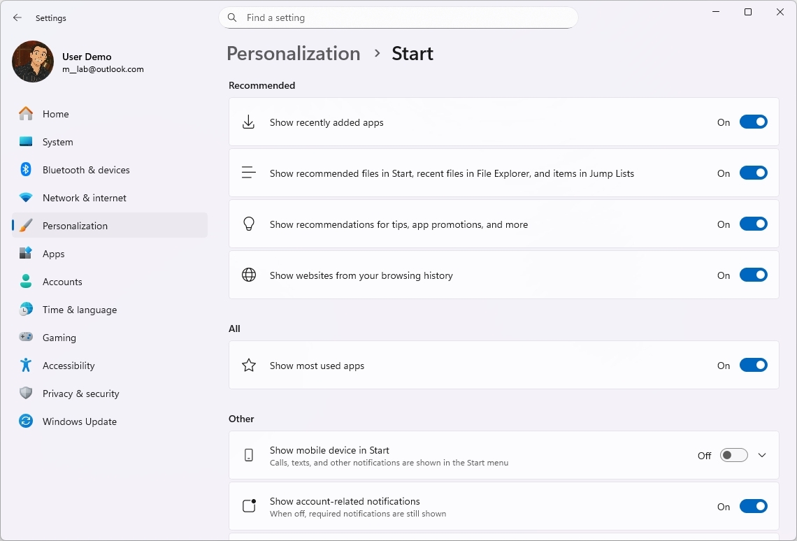 Start menu settings