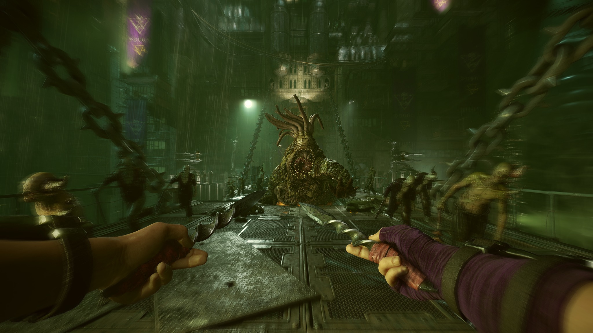 Promotional screenshot of a Hive Scum charging at enemies with shivs in Warhammer 40,000: Darktide