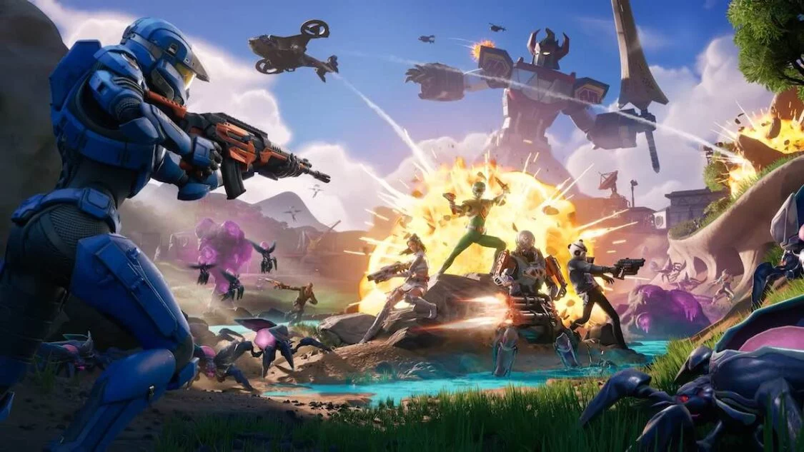 Key art from Fortnite Chapter 6 Season 04, featuring a blue spartan and a battle happening
