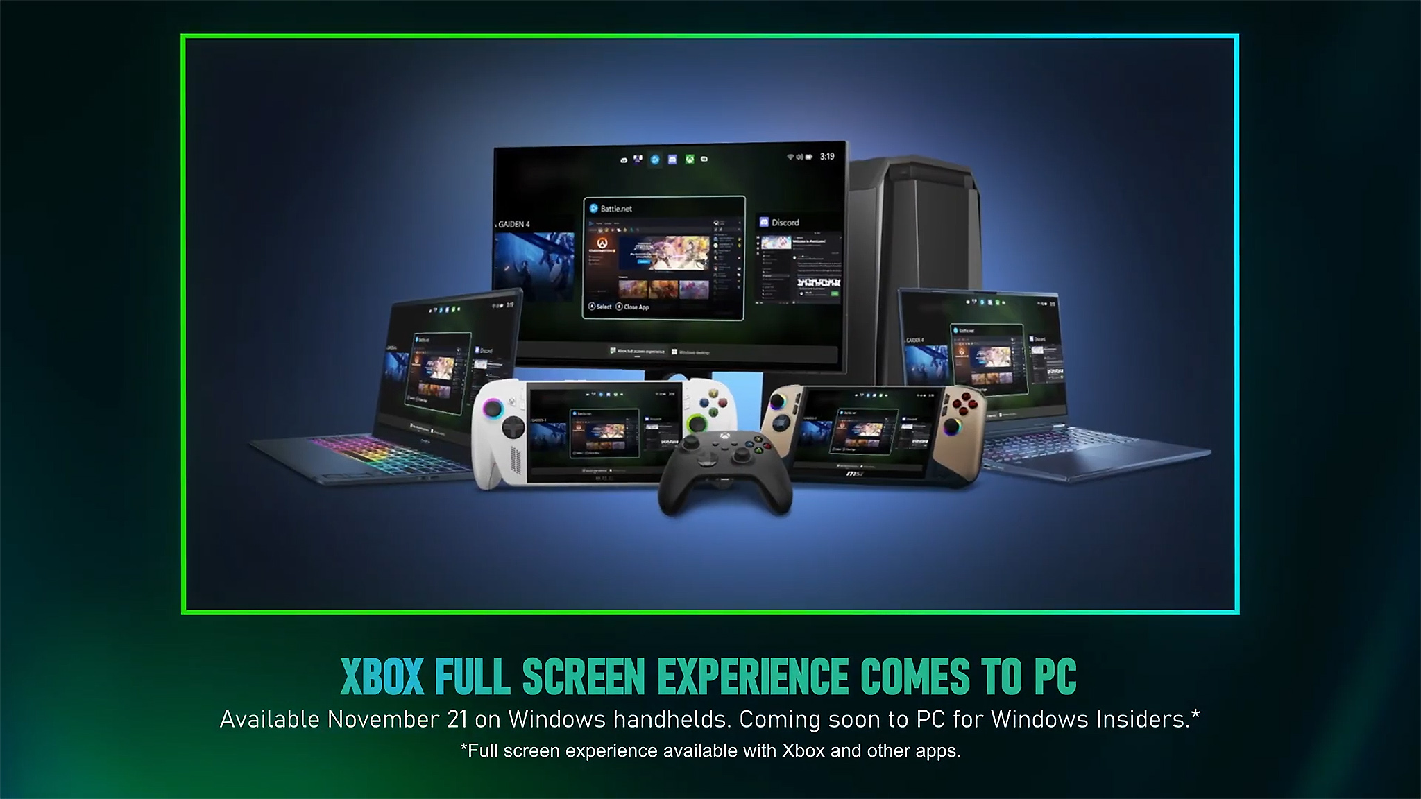 Графика, объясняющая, что Xbox Full Screen Experience выходит для всех Windows-портативок 21 ноября.