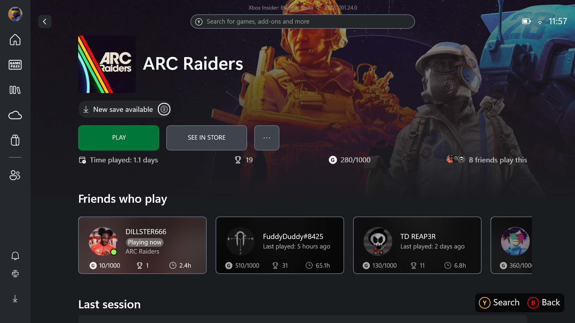 Xbox app showing games with cloud save indicator