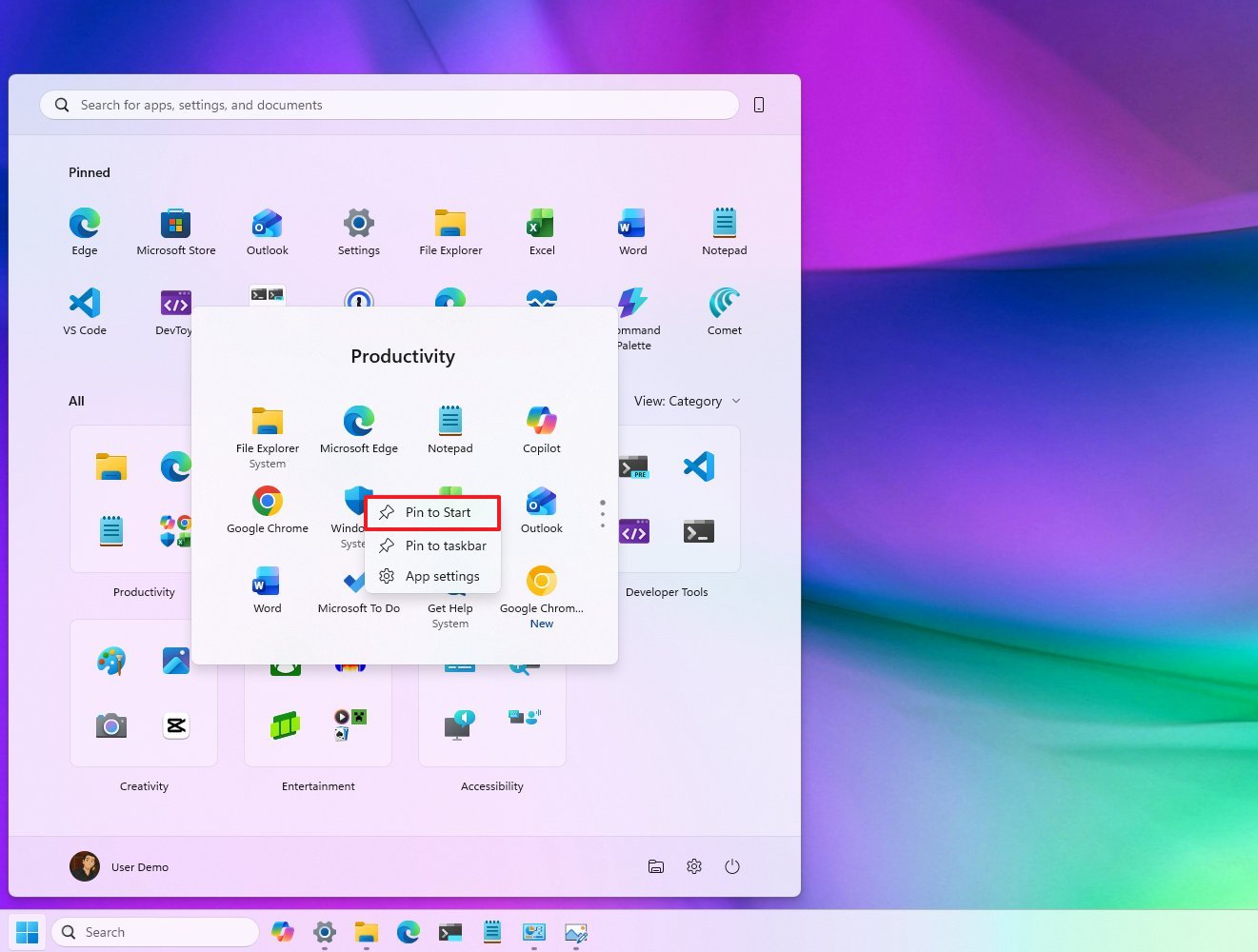 Start menu pin apps