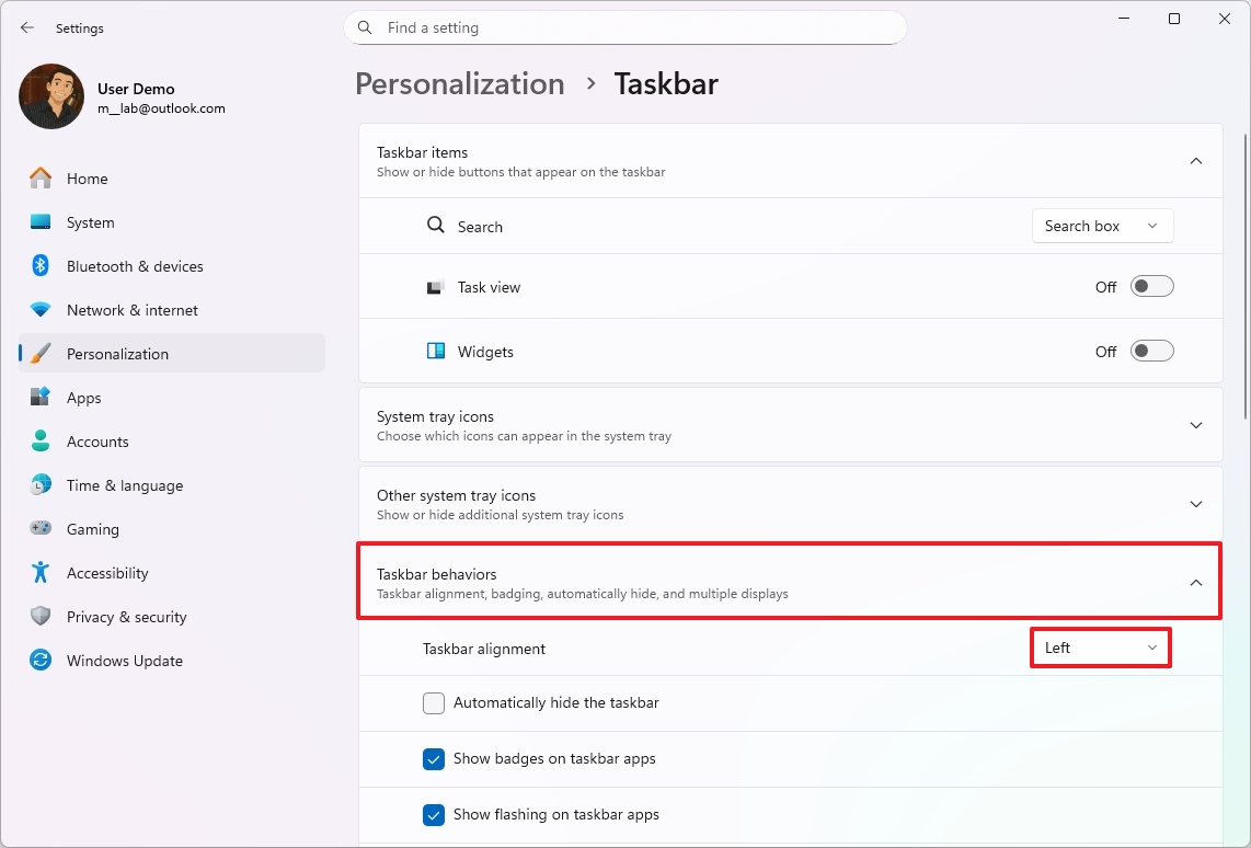 Taskbar align left
