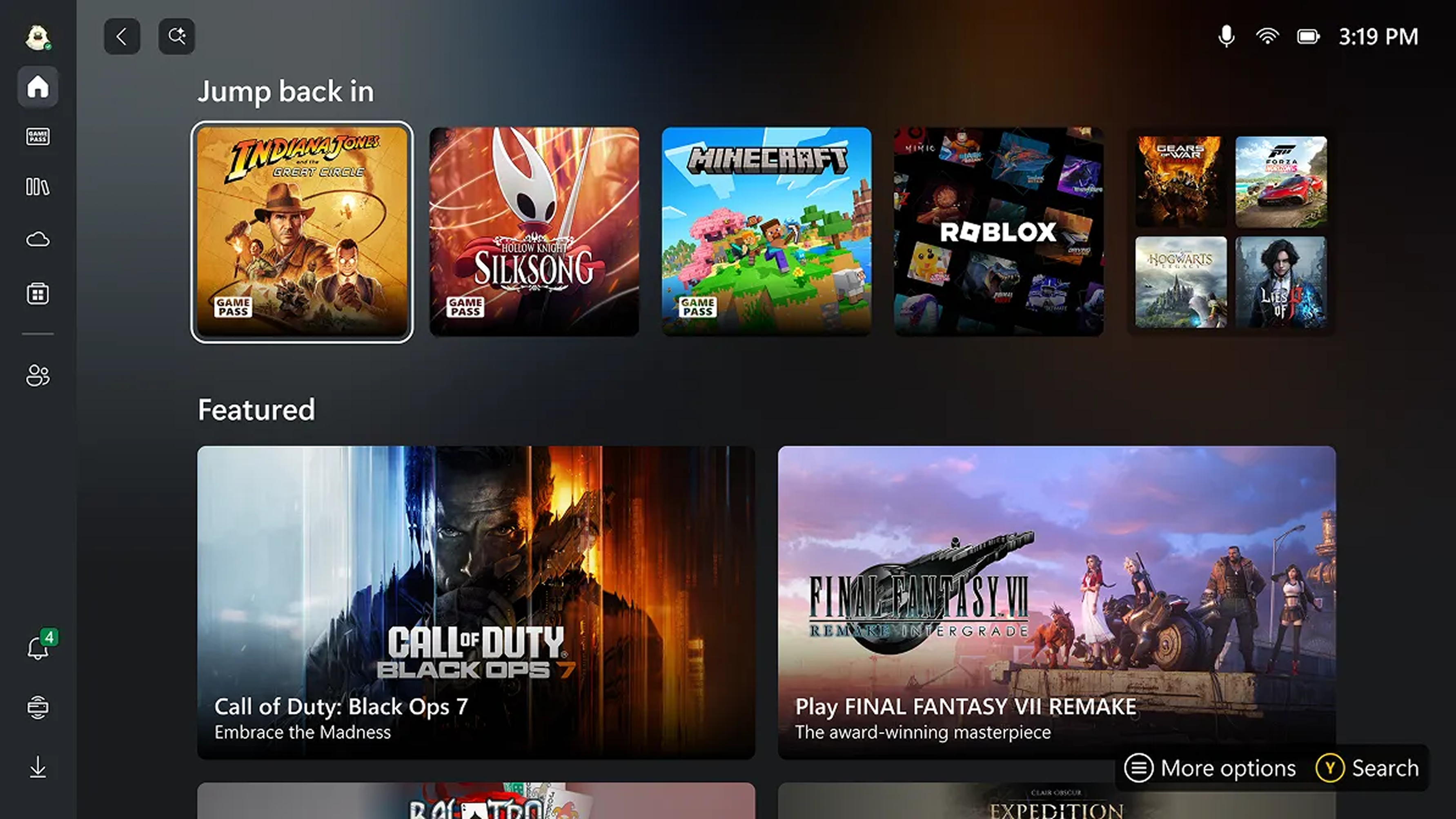 UI of the Xbox full screen experience home screen.