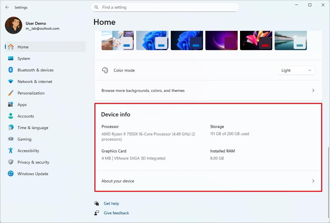 Settings home Device info card