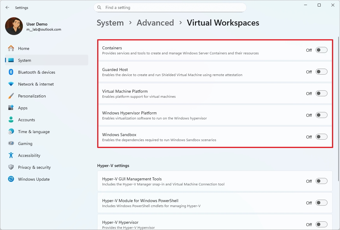 Virtual Workspaces in Advanced settings