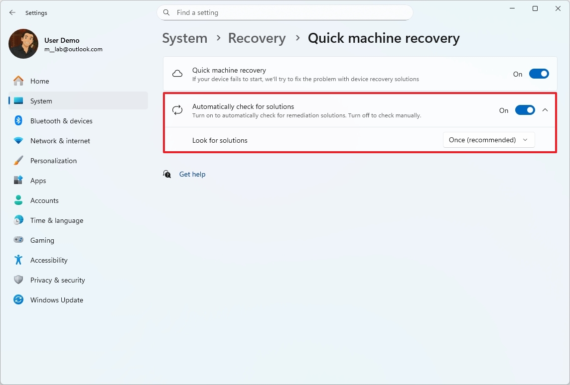 Quick Machine Recovery new configuration