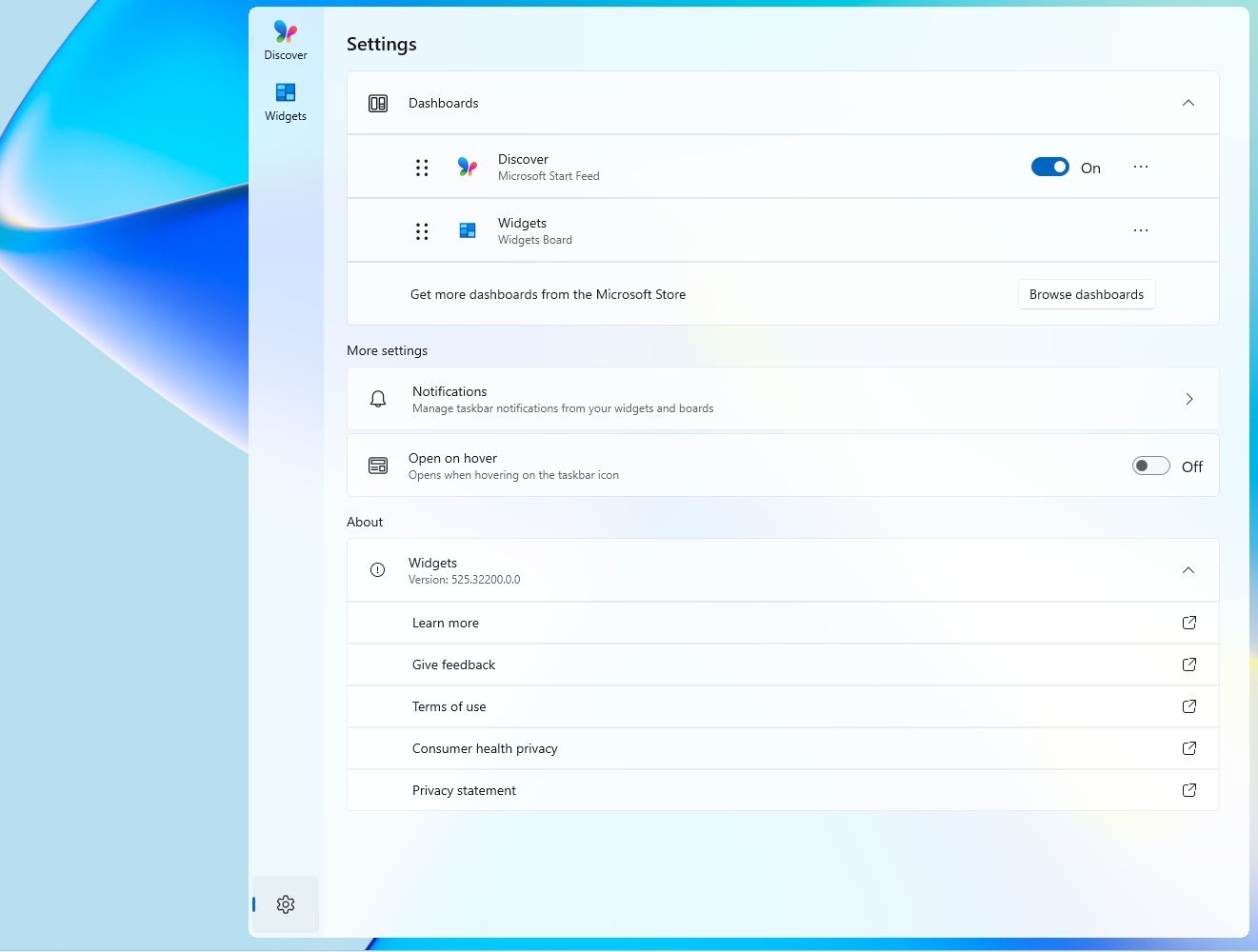 Widgets board new settings