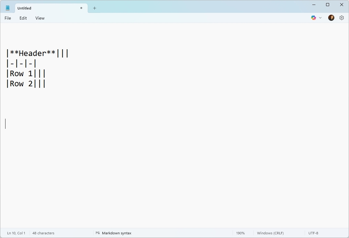 Notepad Markdown table syntax