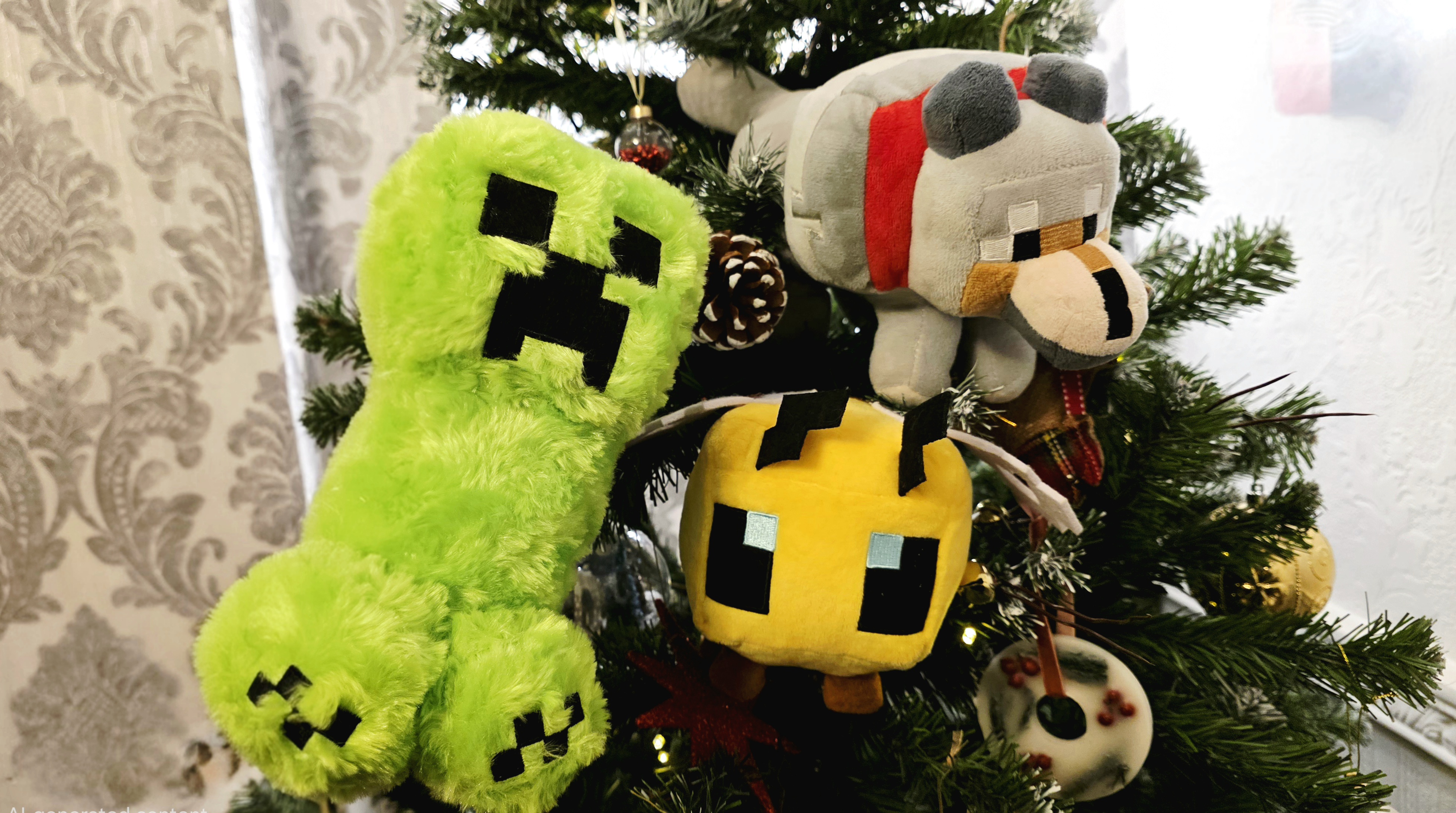 Плюшевые игрушки, изображающие крипера, собаку и пчелу из Minecraft, с рождественской елкой позади.