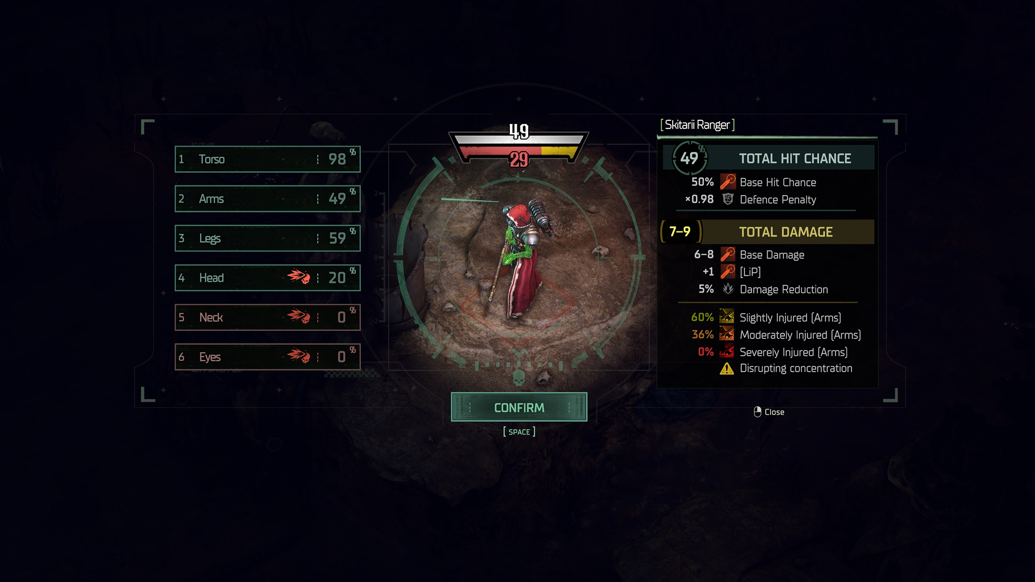 Press kit screenshot of Warhammer 40,000: Dark Heresy's body targeting system.