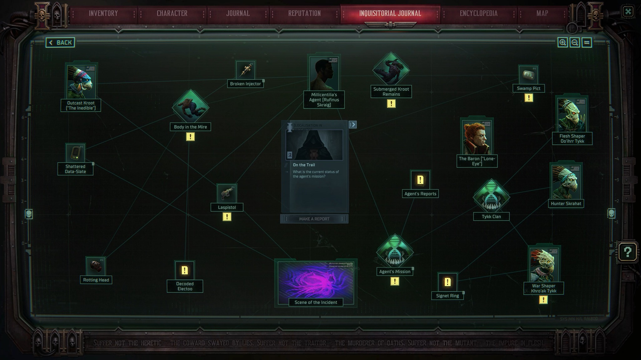 Press kit screenshot of Warhammer 40,000: Dark Heresy's Investigation system.