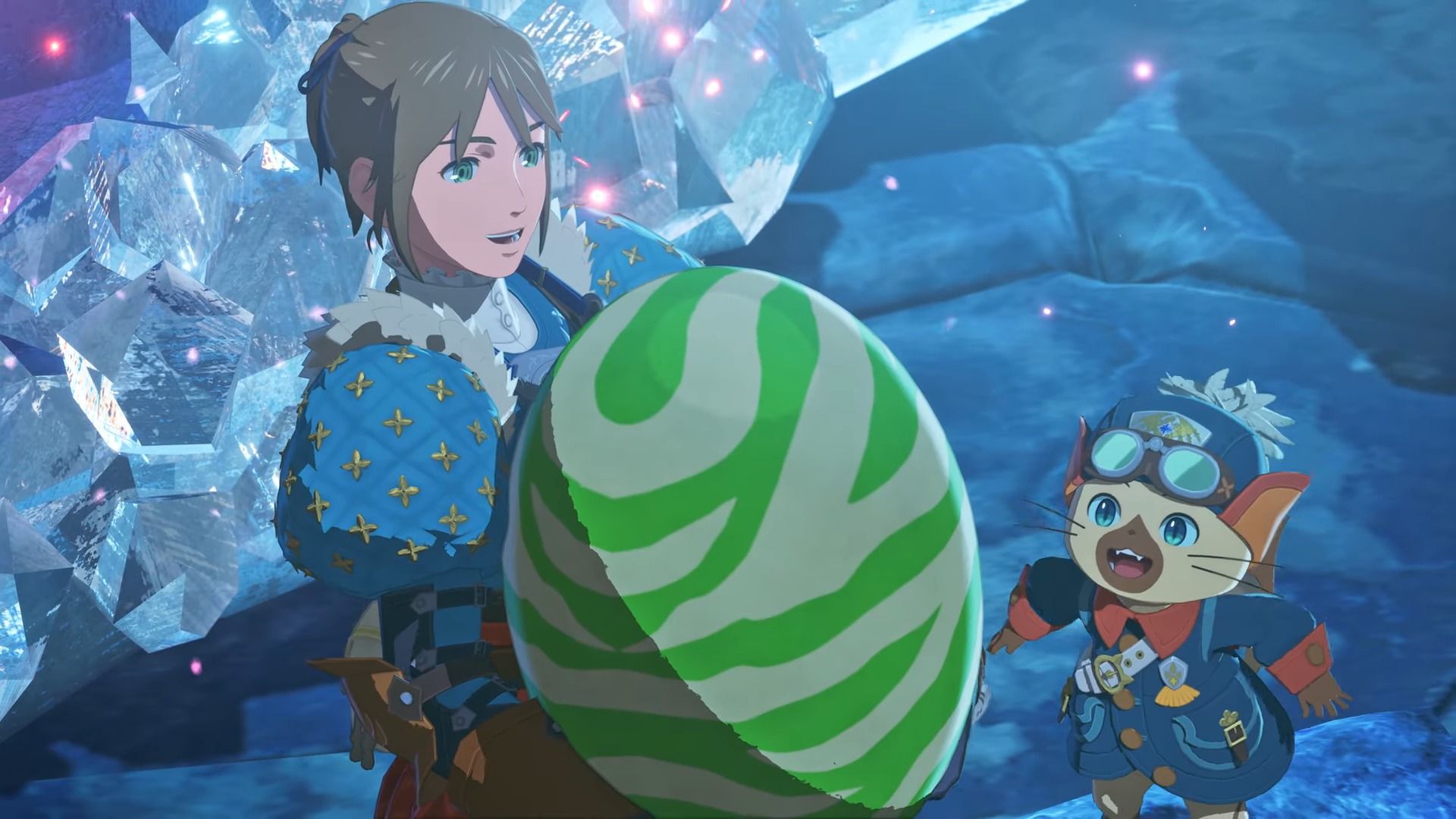 Screenshot of the protagonist rescuing a Rathian egg from an Invasive Monster's den in Monster Hunter Stories 3: Twisted Reflection