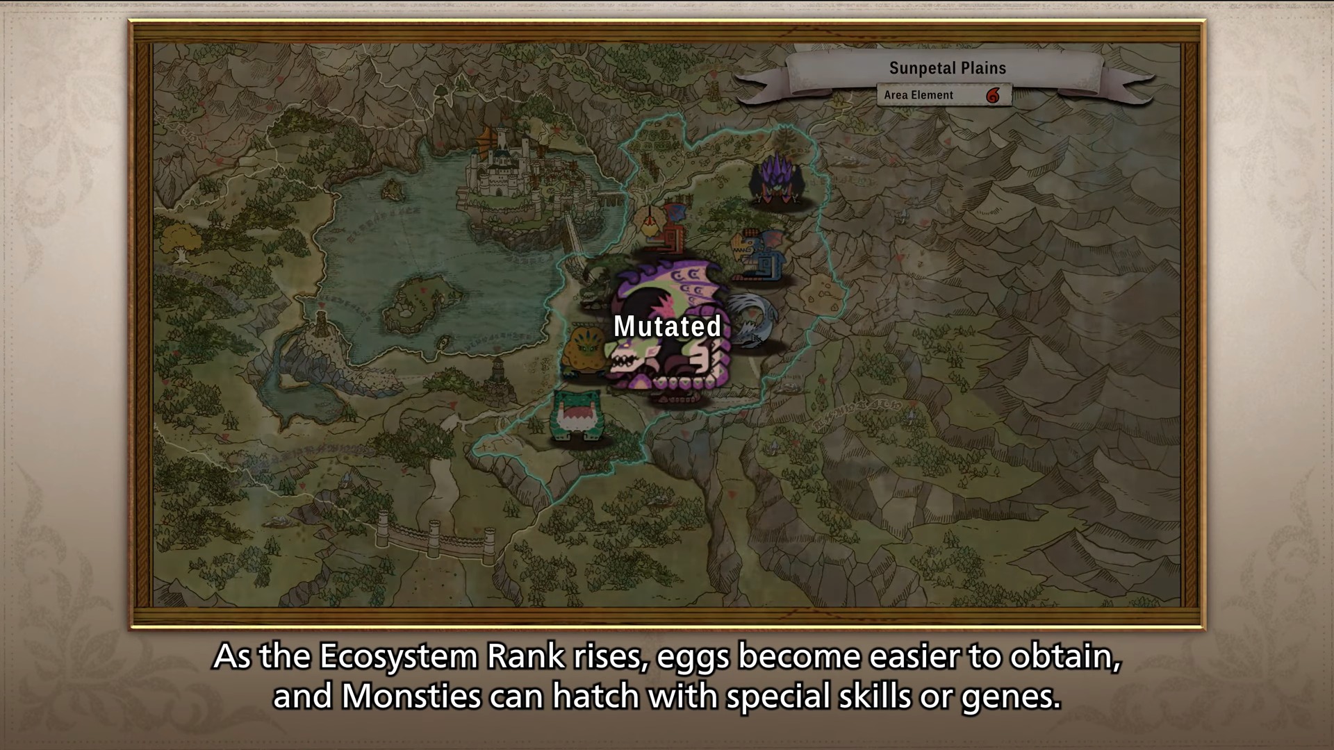 Screenshot of a Dreadqueen Rathian appearing through Monster Hunter Stories 3: Twisted Reflection's Habitat Restoration System.