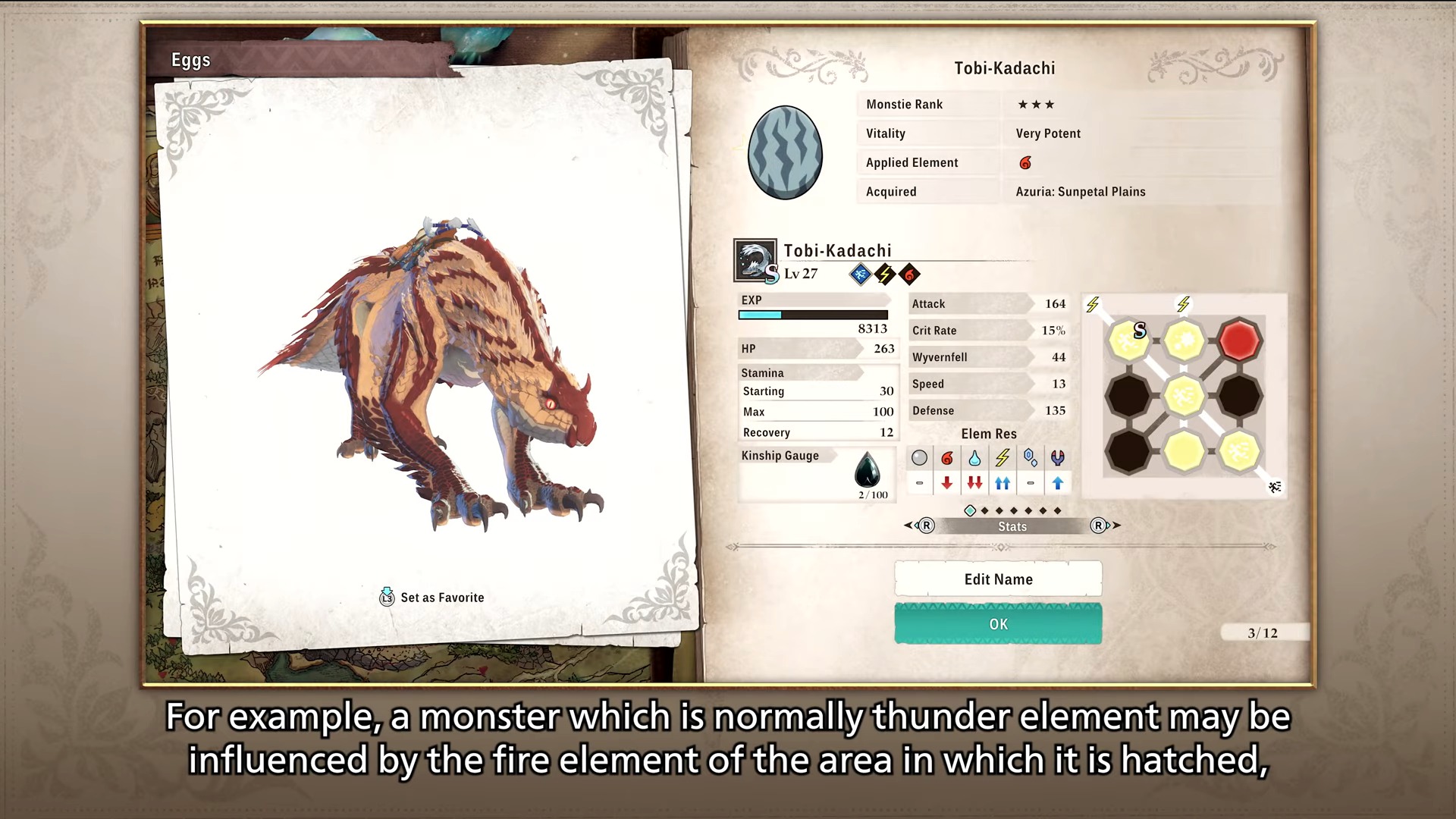 Screenshot of a Dual-Elemental Tobi-Kadachi in Monster Hunter Stories 3: Twisted Reflection.