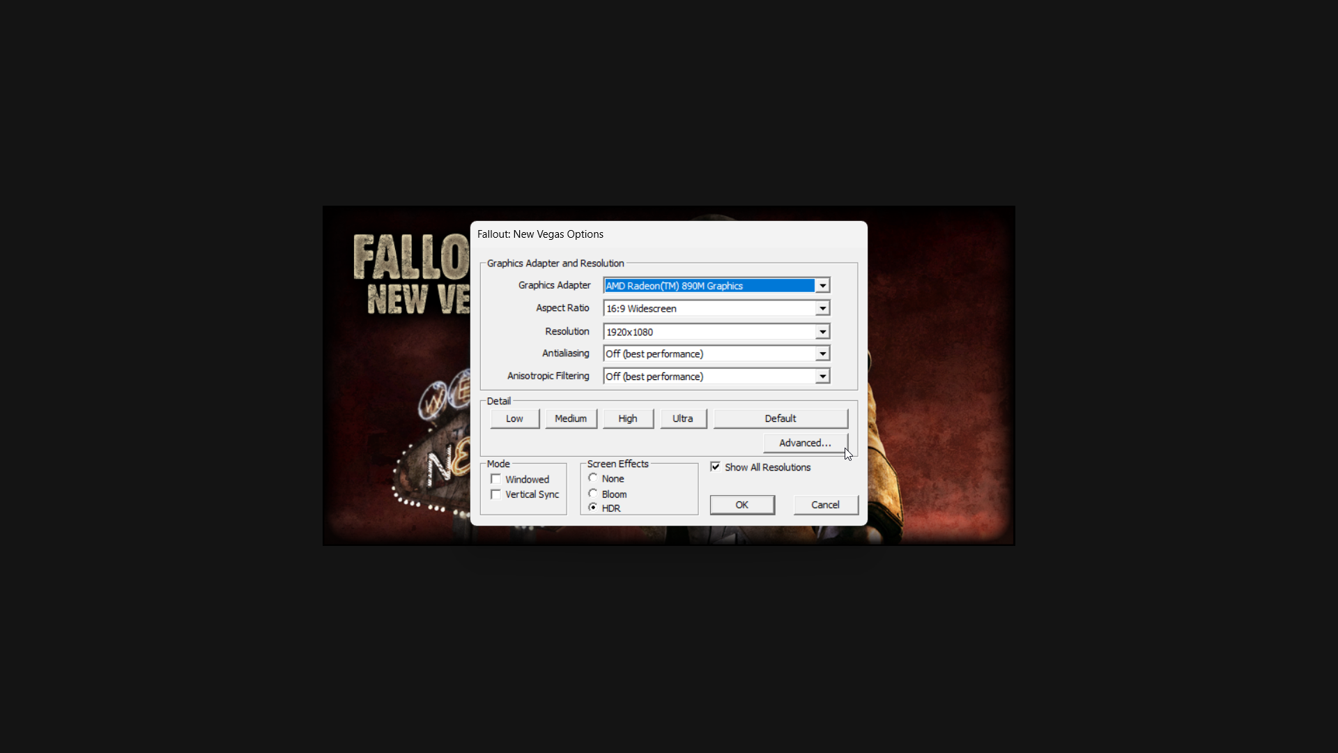 Fallout New Vegas графические настройки для портативок