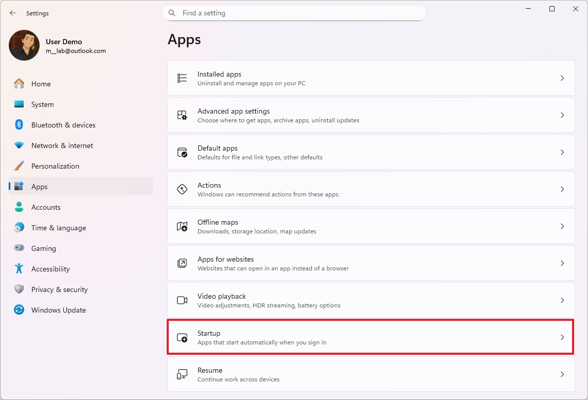 Startup settings