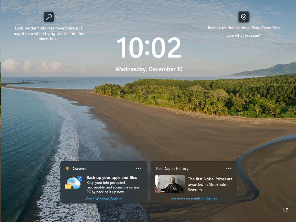UI of lock screen widgets displaying quick tips and historical highlights.