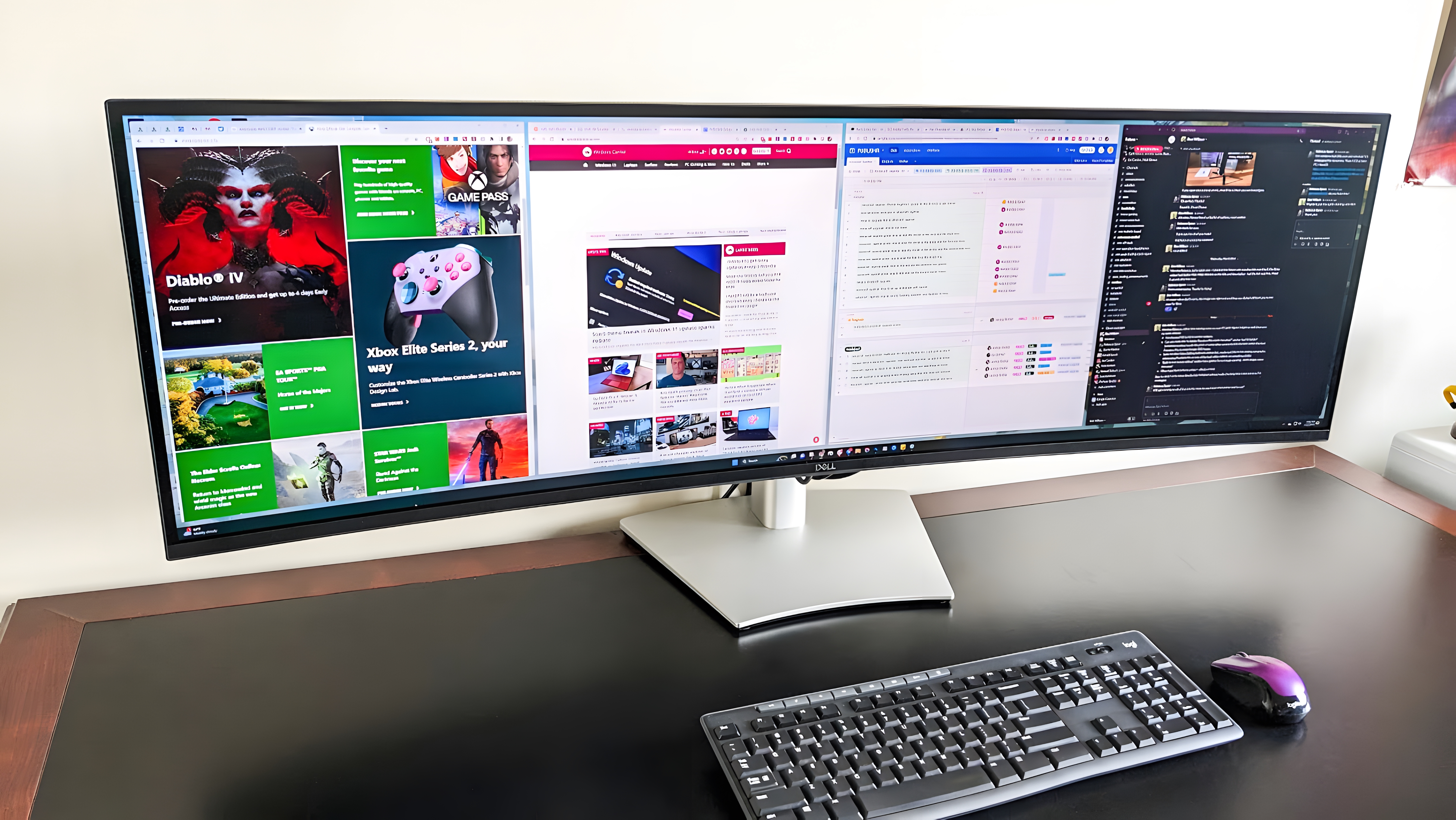 Dell Ultrasharp 49 Curved Monitor four windows open.