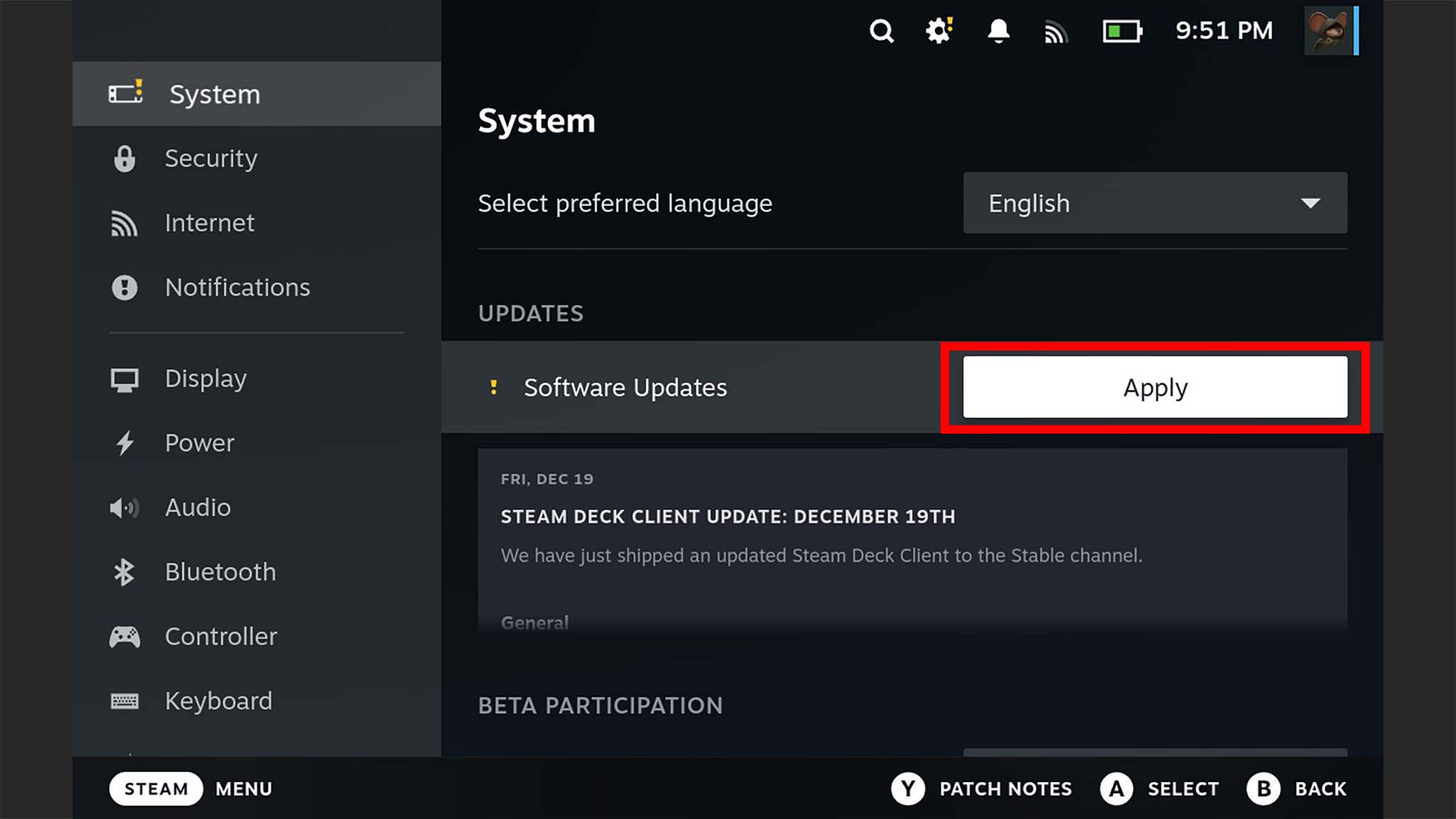 Скриншот вкладки «Система» Steam Deck с выделенной кнопкой «Применить»