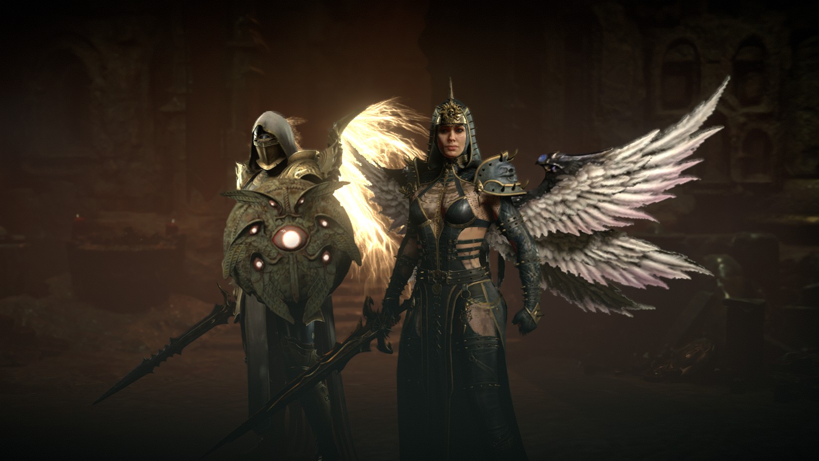 Два персонажа в Diablo 4, одетые в броню и держащие мечи