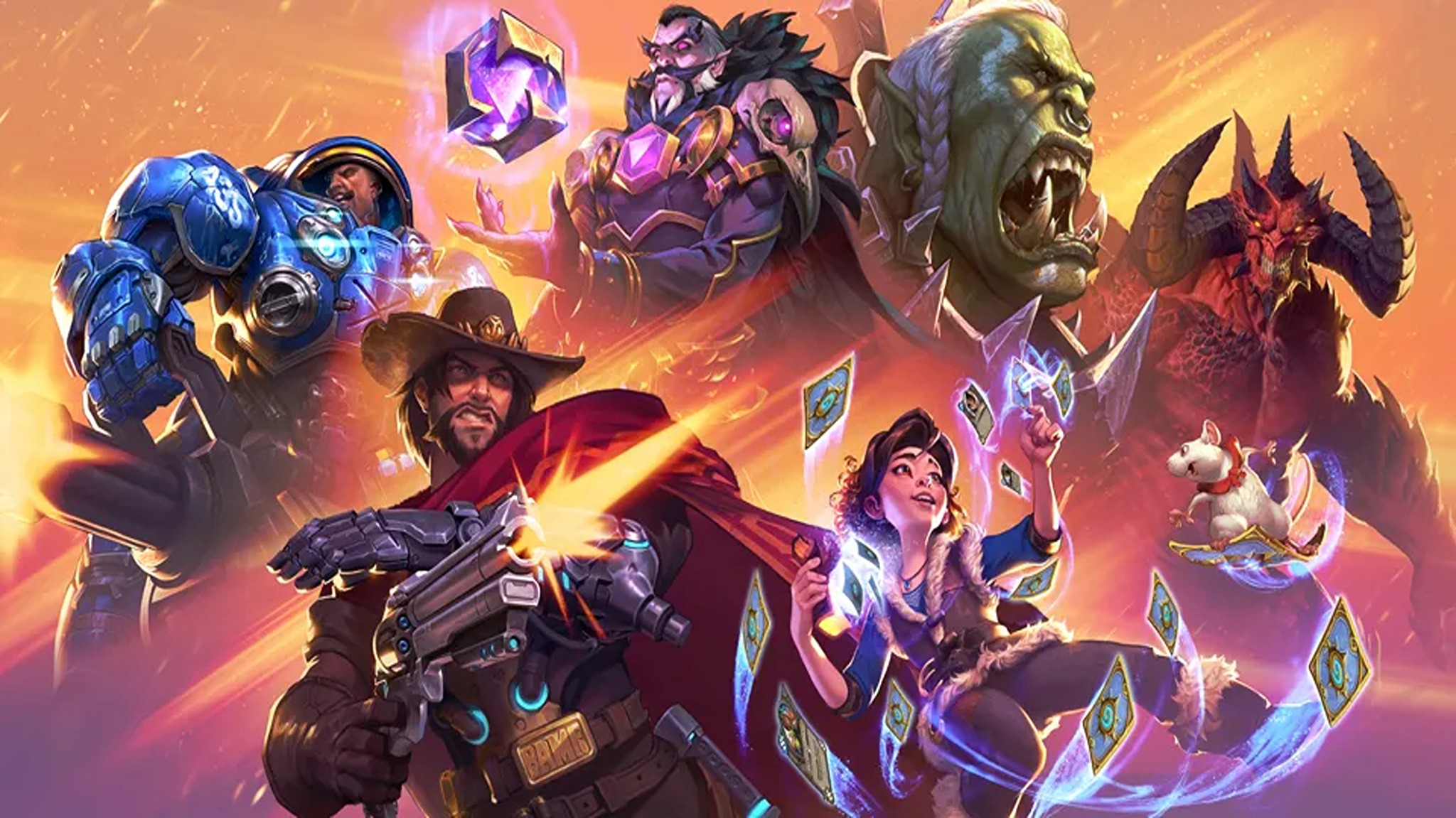 Промо-арт с персонажами из франшиз Warcraft, StarCraft, Overwatch, HearthStone и Diablo от Blizzard Entertainment.