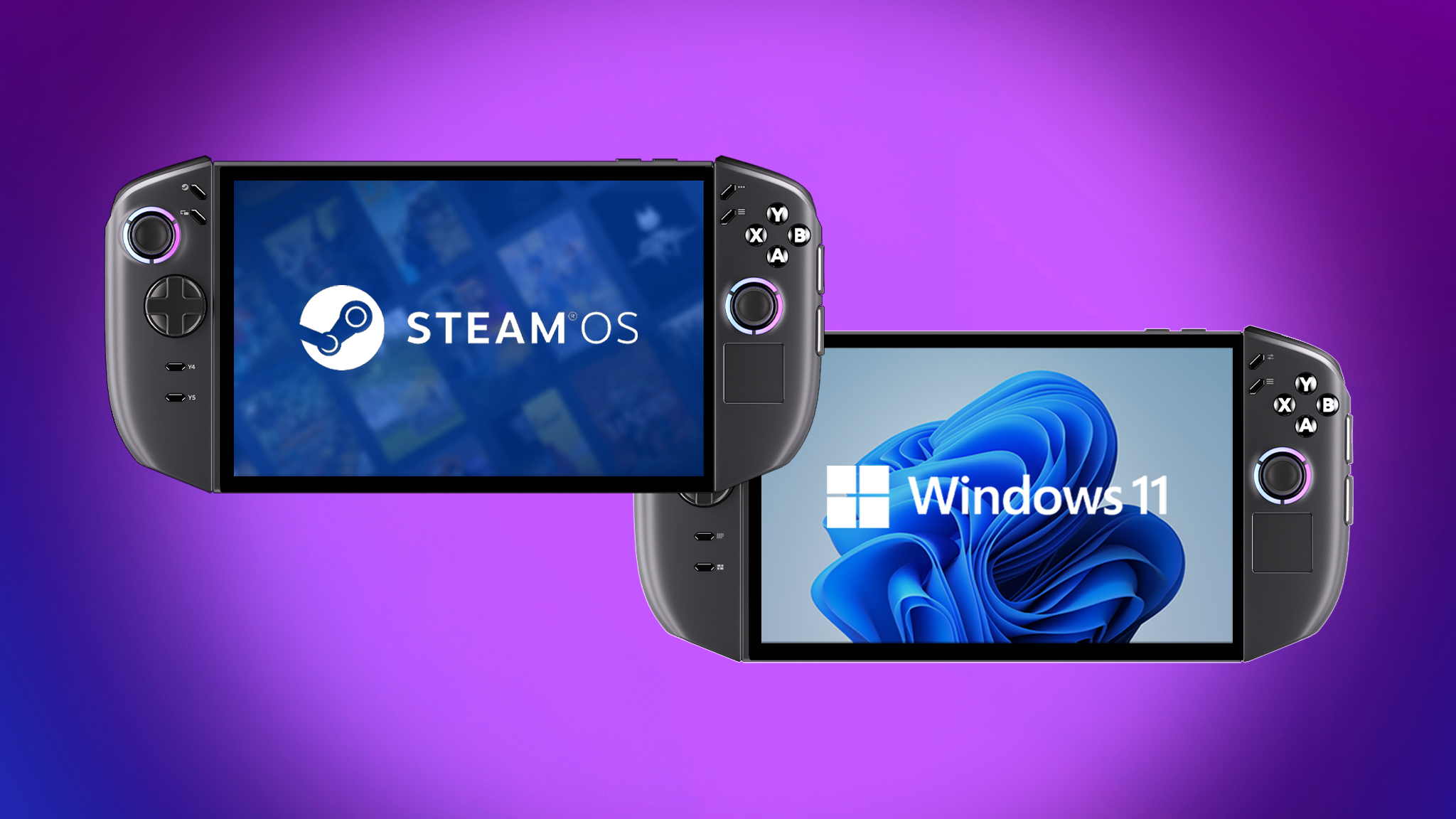 Legion Go 2 (SteamOS) и Legion Go 2 (Windows) смотрят вперед.