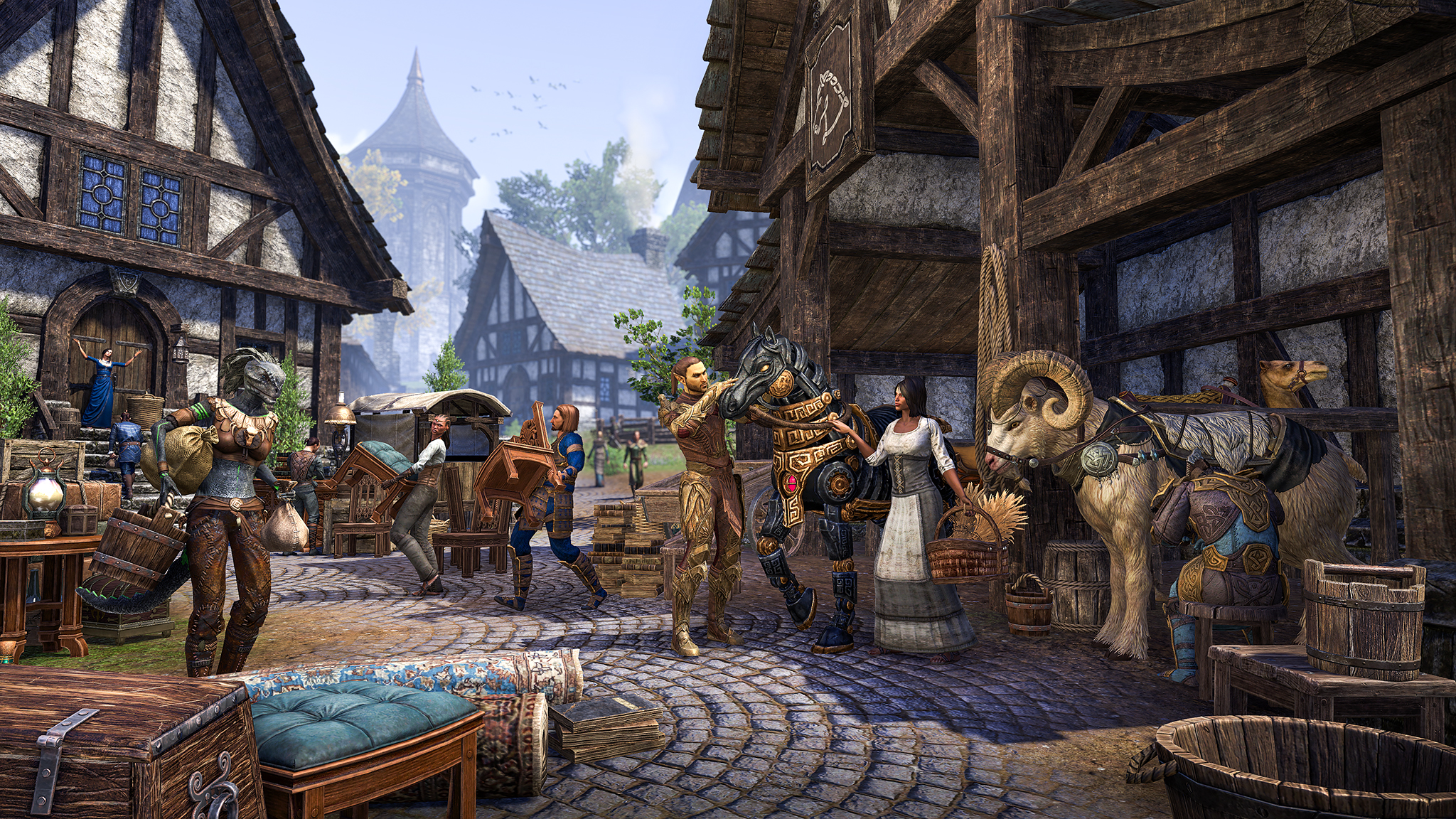 Изображение из The Elder Scrolls Online с рынком, людьми и животными.