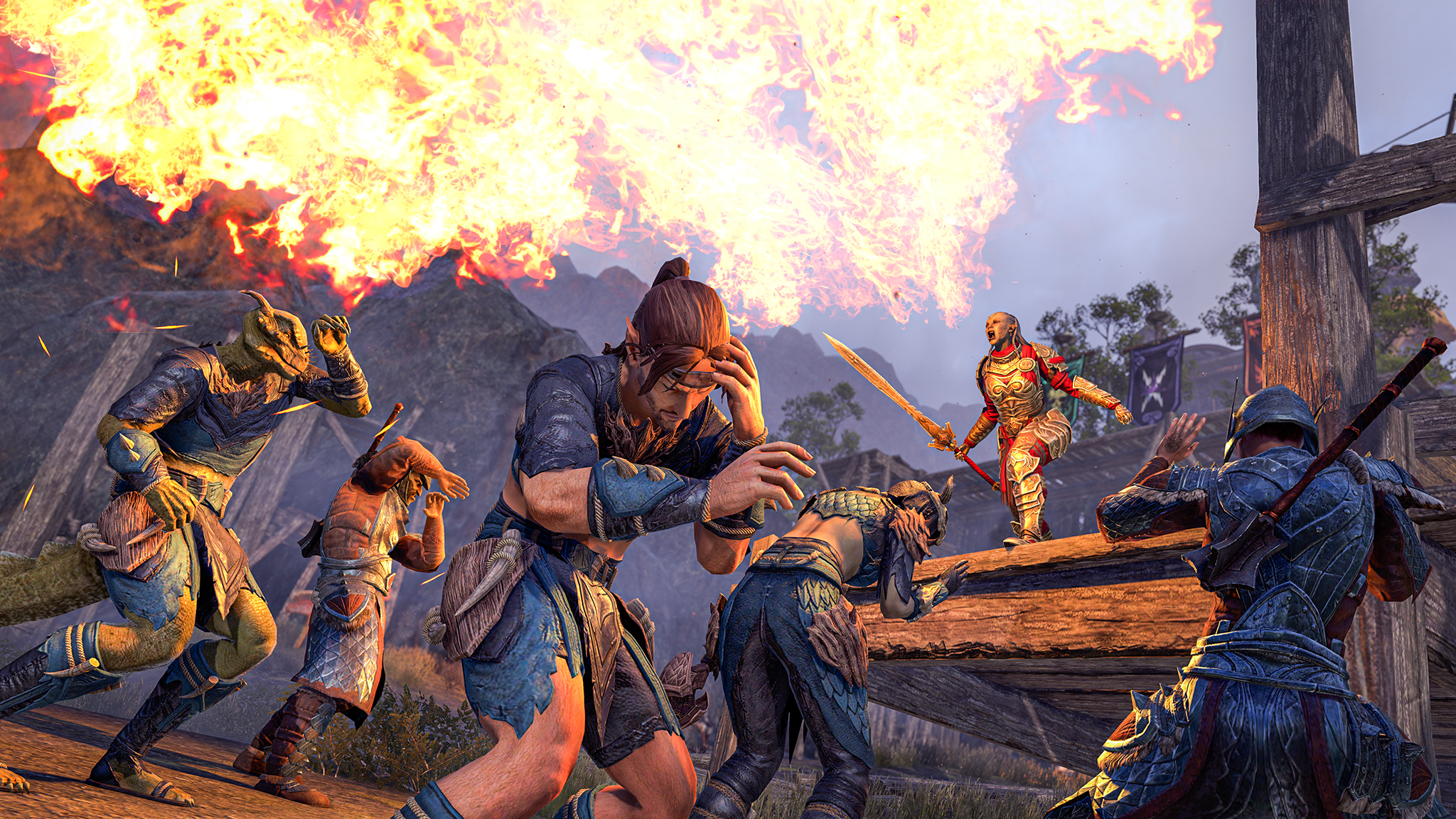 Скриншот из The Elder Scrolls Online, где человек выдыхает огонь на платформе над другими персонажами.