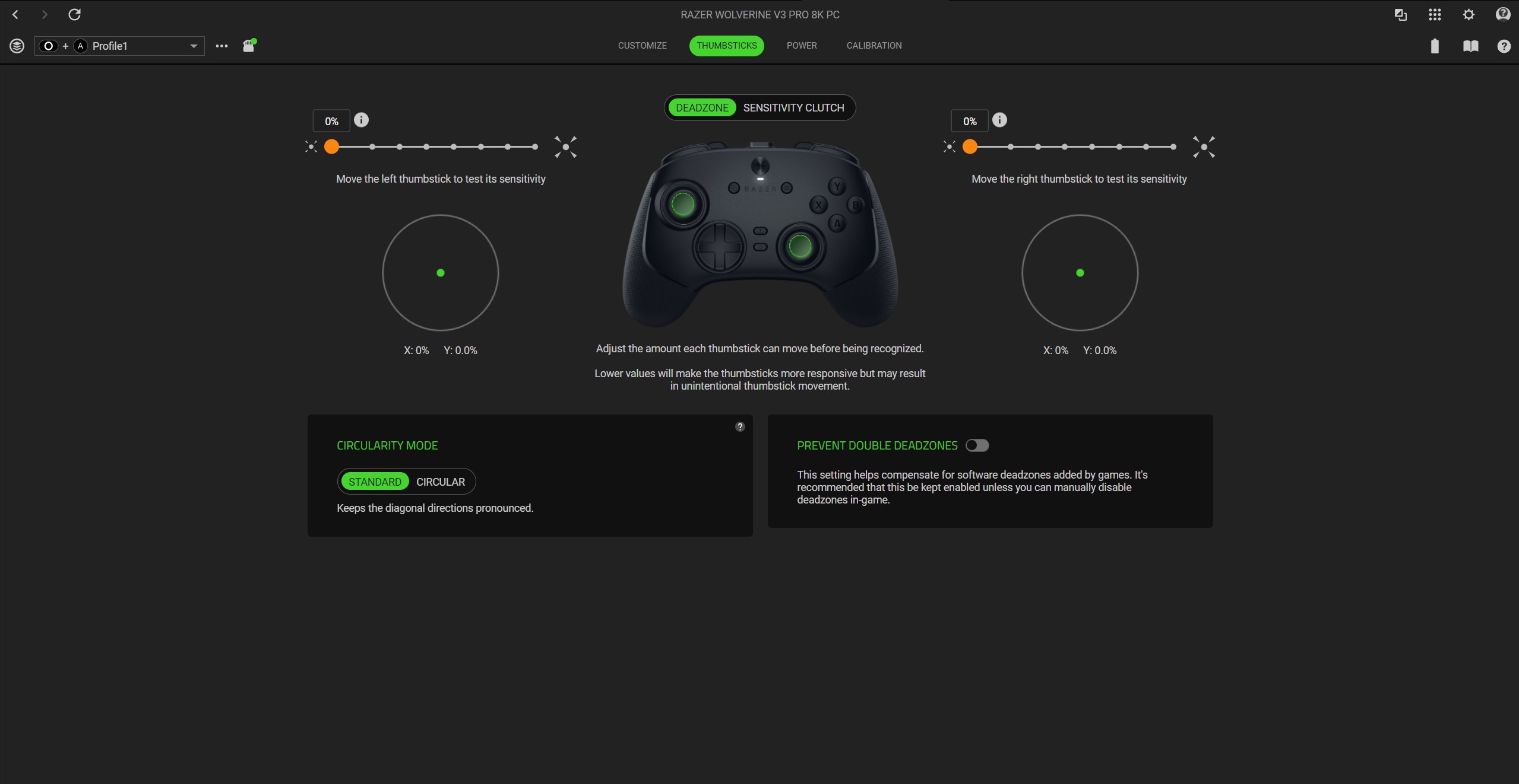 Настройки мертвых зон для Wolverine V3 Pro 8K PC в Razer Synapse 4.