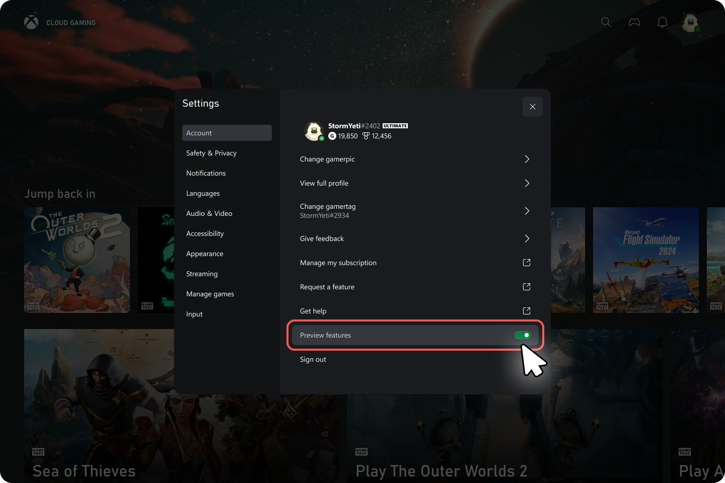 Включение нового интерфейса Xbox Cloud Gaming