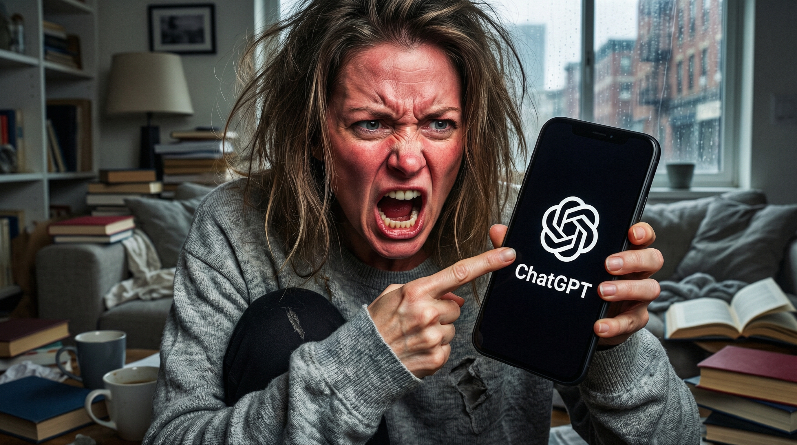 Женщина кричит на ChatGPT, чтобы он генерировал лучшие и точные ответы