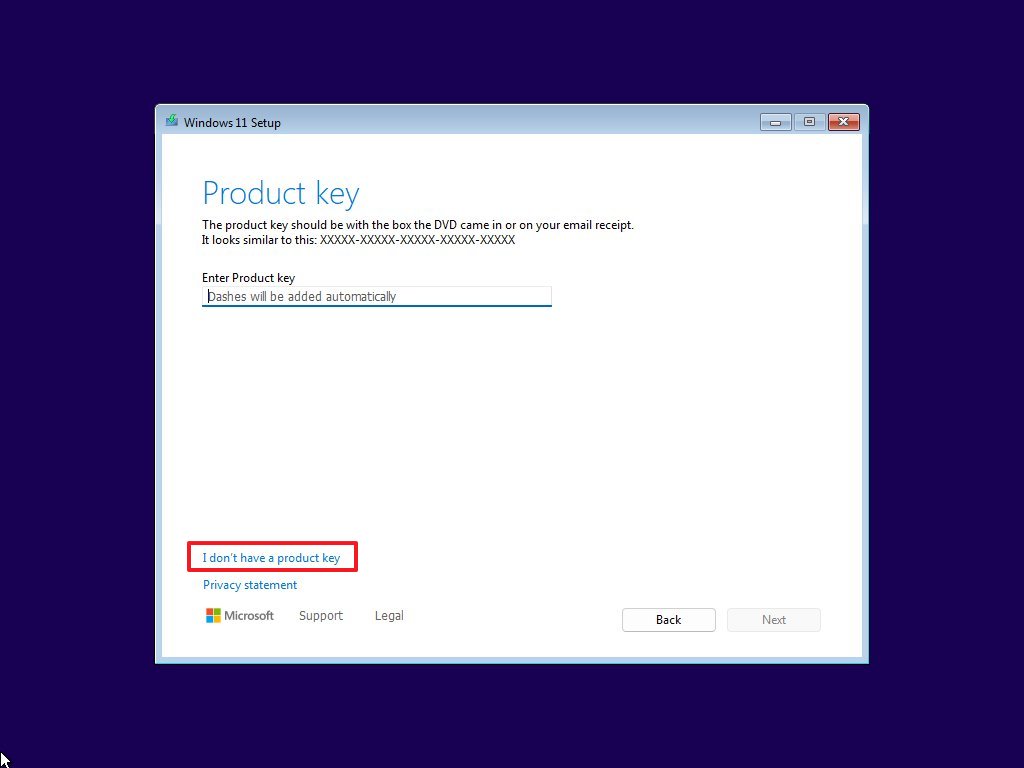 Windows 11 Setup product key