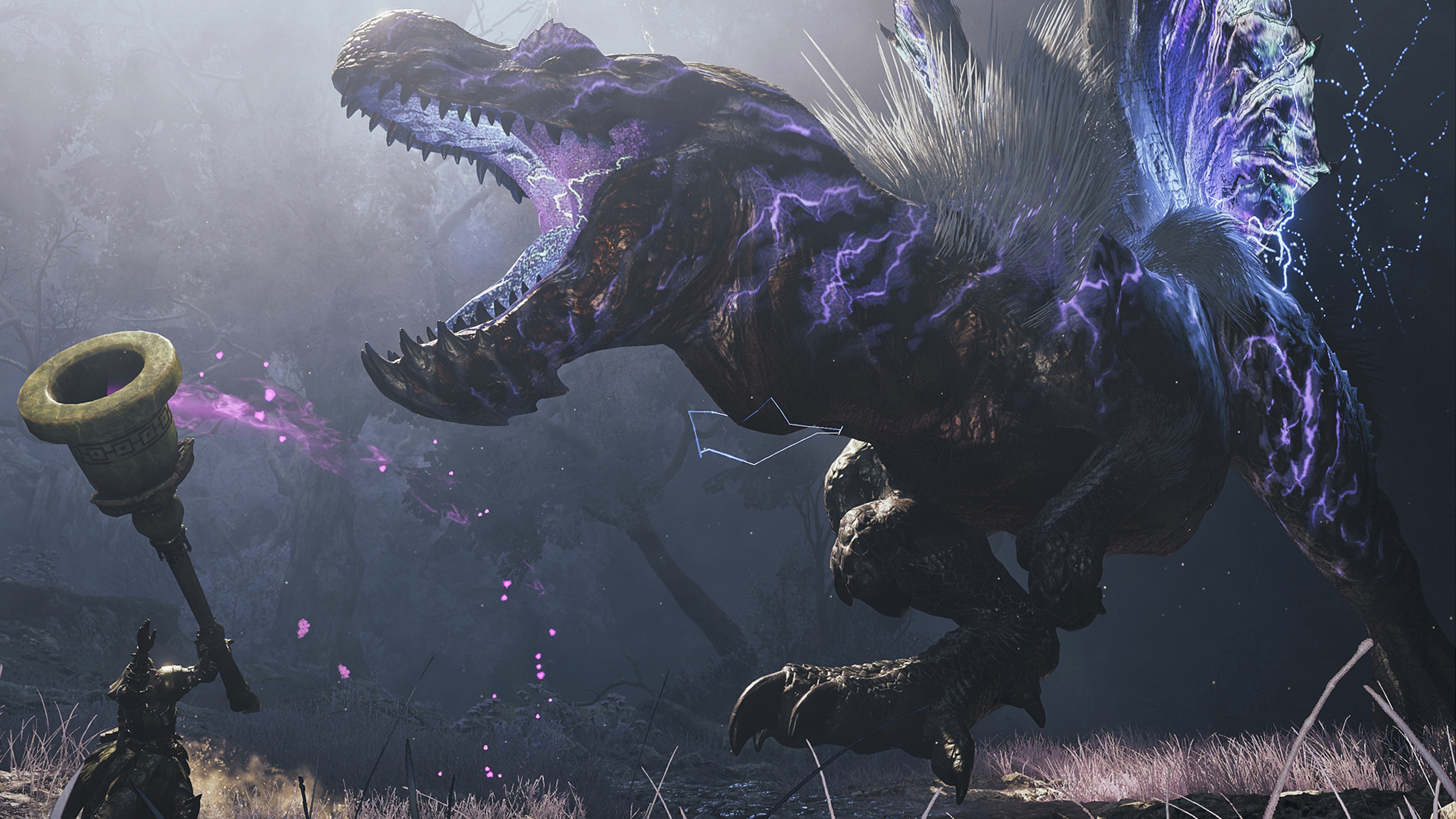 Promotional screenshot of a player fighting a Guardian Anjanath in Monster Hunter Wilds