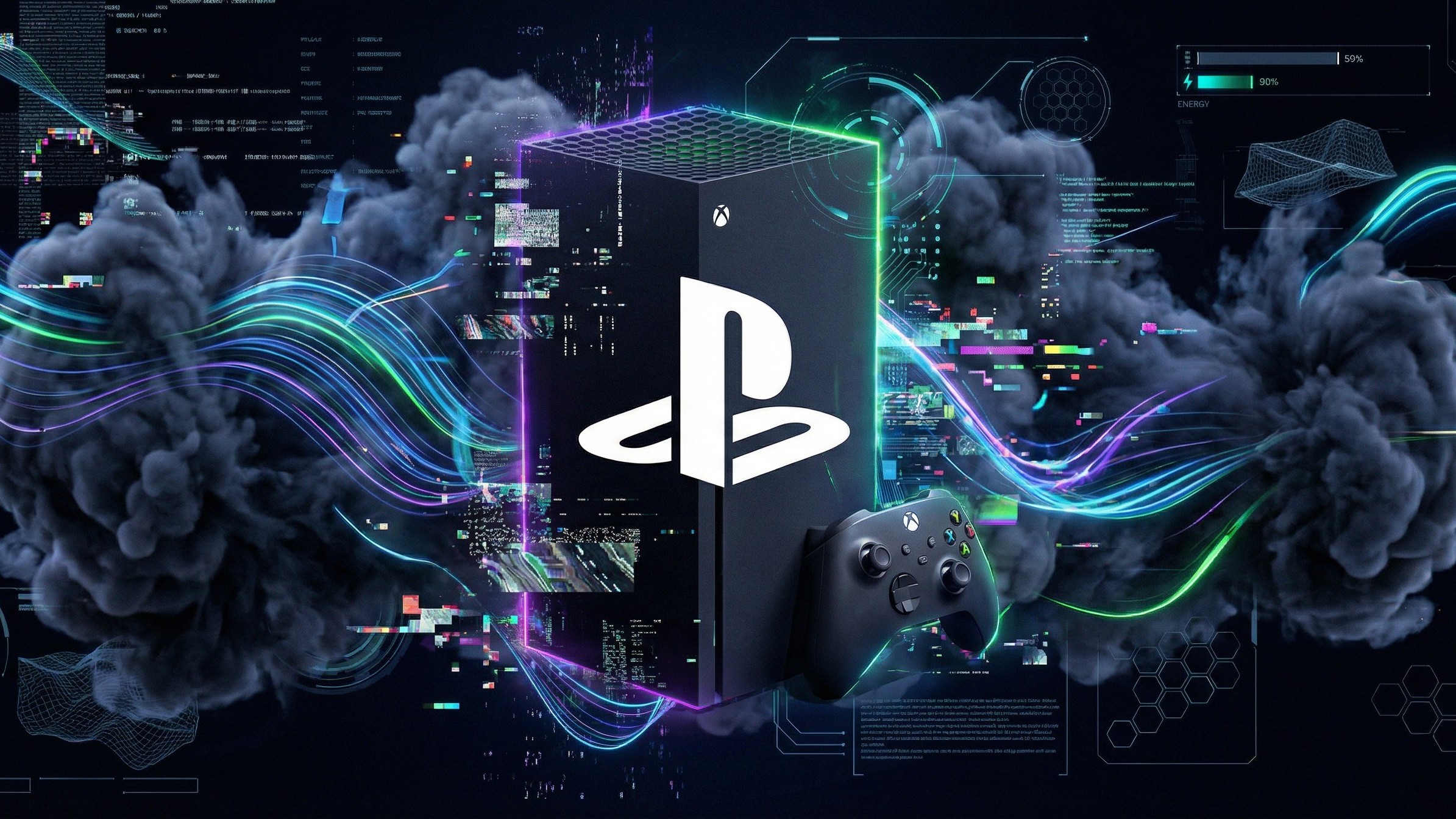 Xbox Series X overlaid with a PlayStation logo