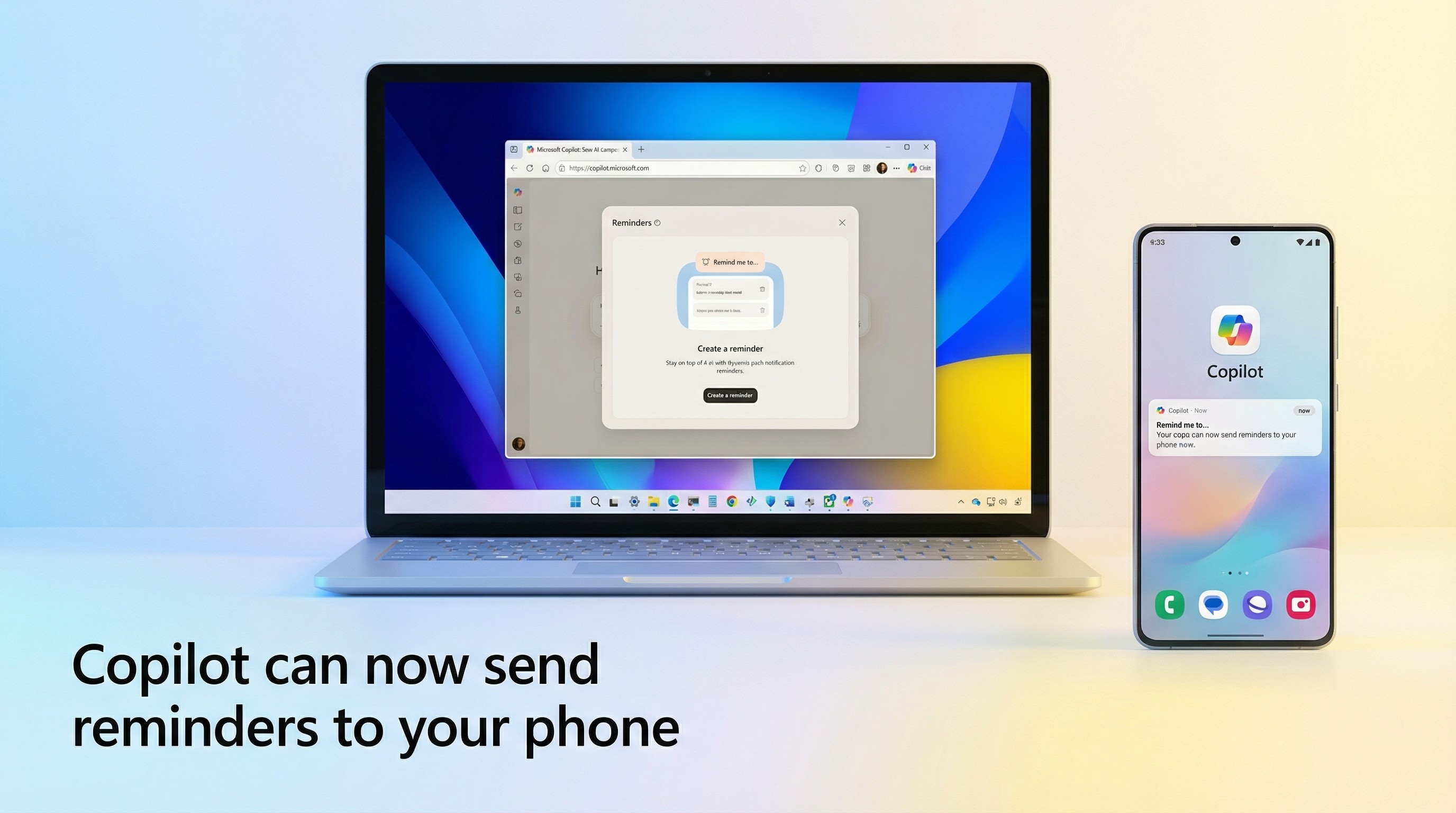 Mockups showing Microsoft Copilot's new Reminders features syncing to an Android smartphone