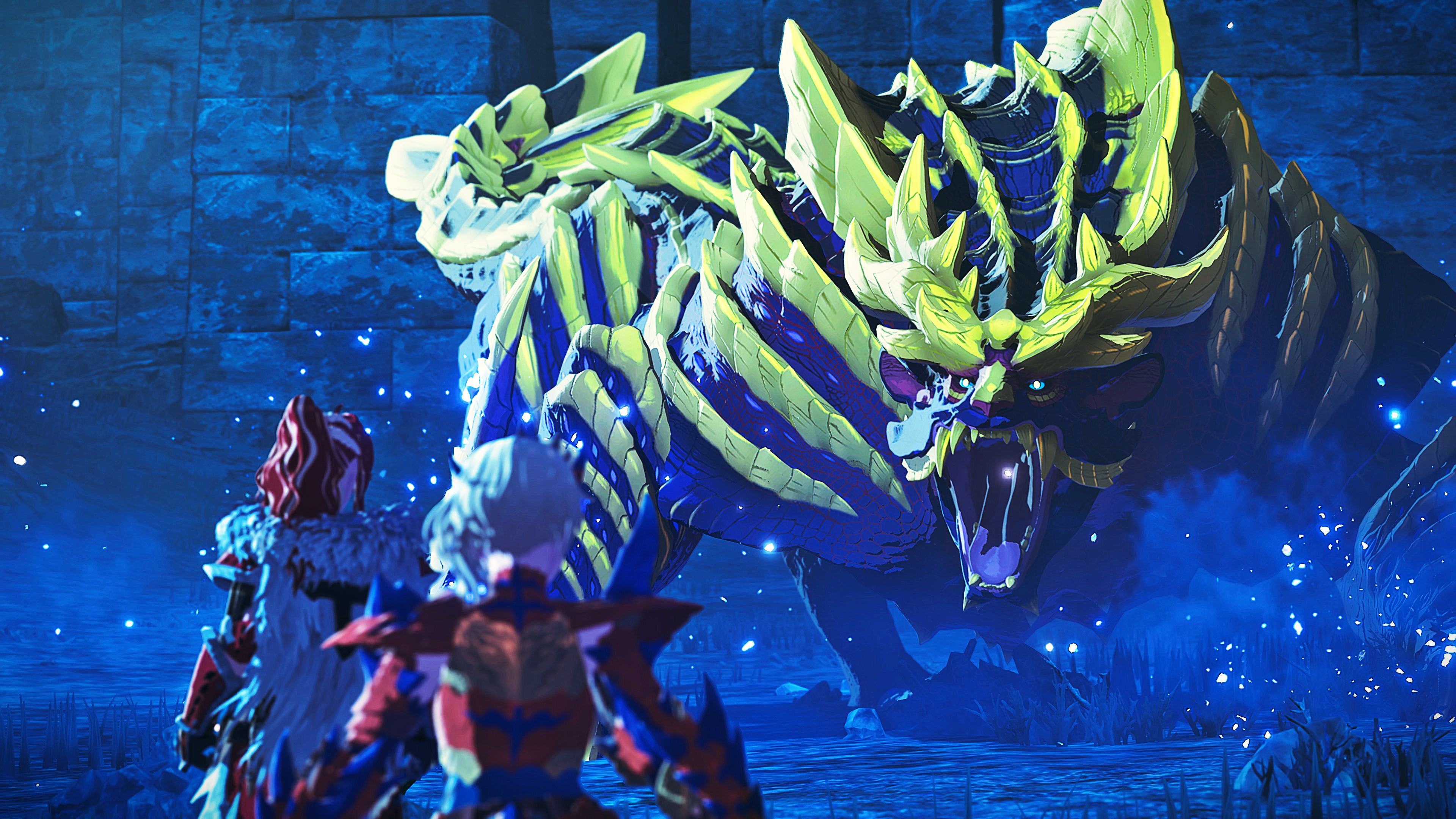 Personally taken and edited in-game screenshot of the player and Eleanor confronting a Magnamalo in Monster Hunter Stories 3: Twisted Reflection