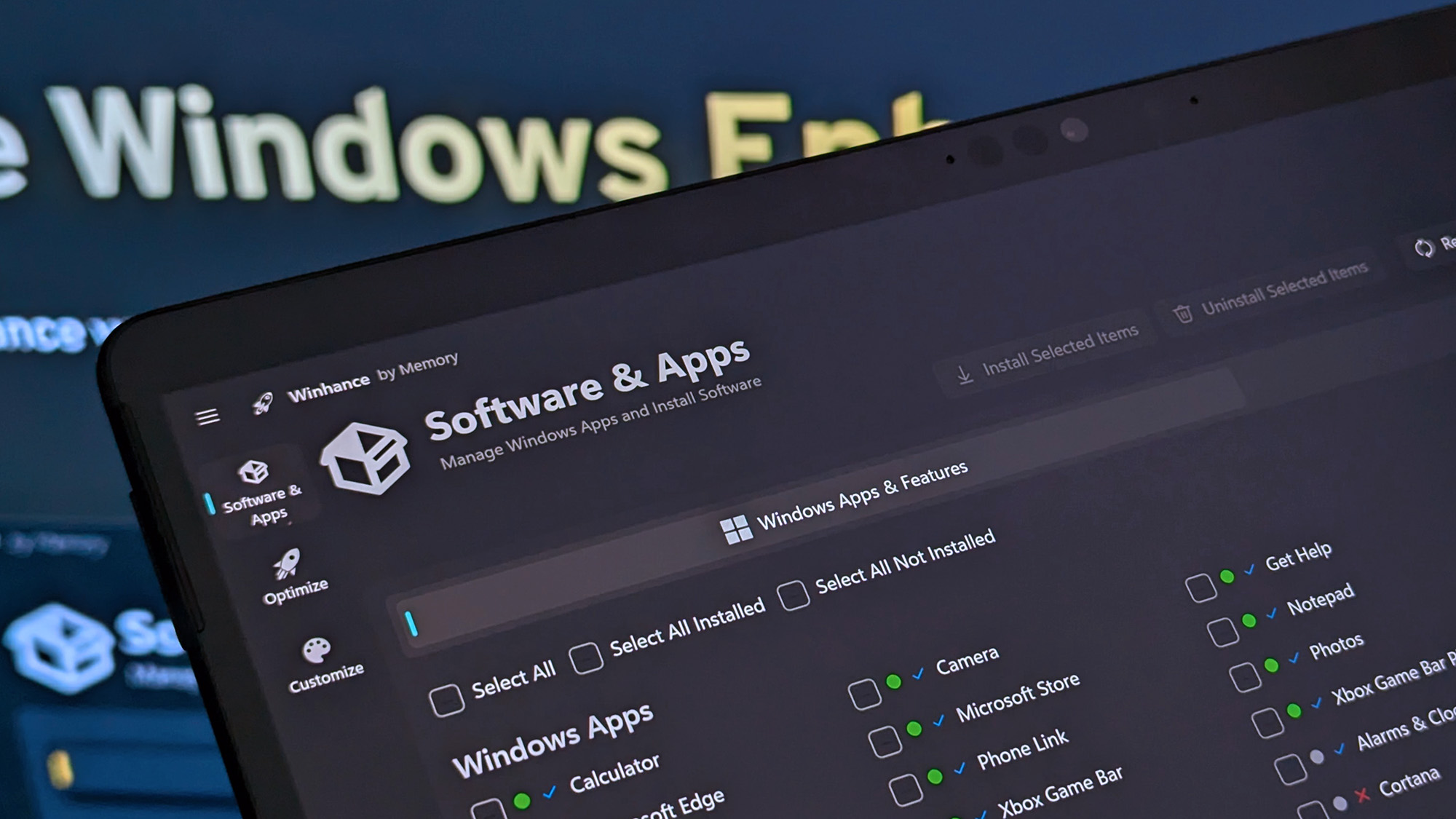 Winhance running on Surface Pro X