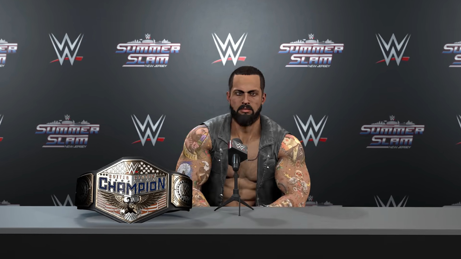 Trailer screenshot of the player in a press conference in WWE 2K26's MyRise mode