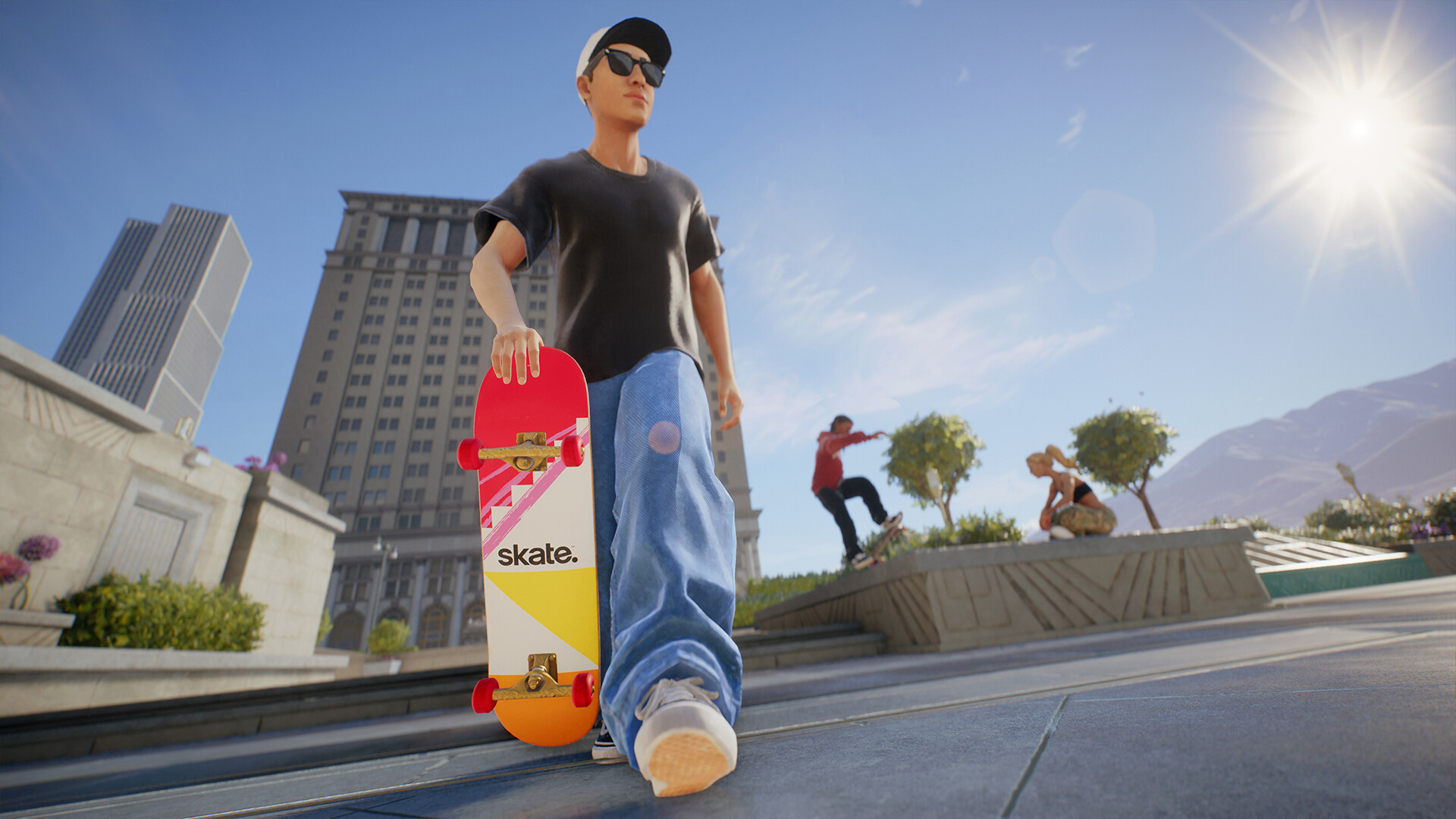 Официальный скриншот внутри скейт-парка в skate., освещенного неоновыми огнями.